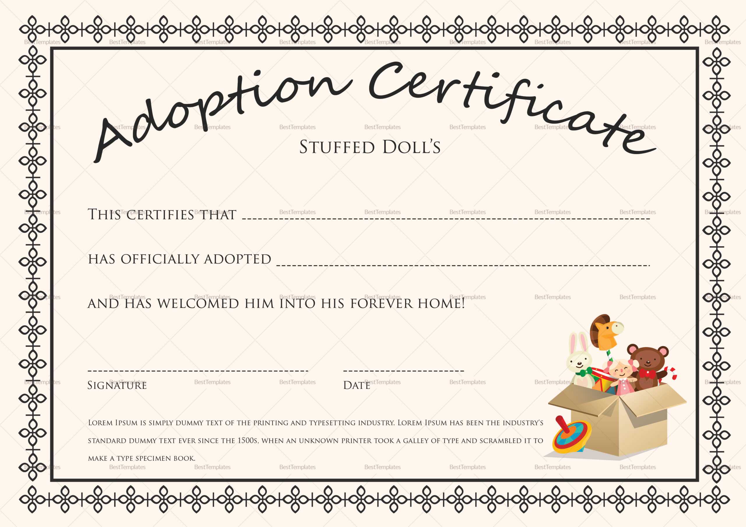 Doll Adoption Certificate Template In Adoption Certificate Template