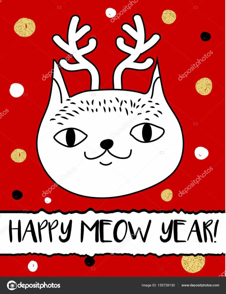 Doodle Cat In Christmas Deer Horns Headband. Modern Postcard For Headband Card Template