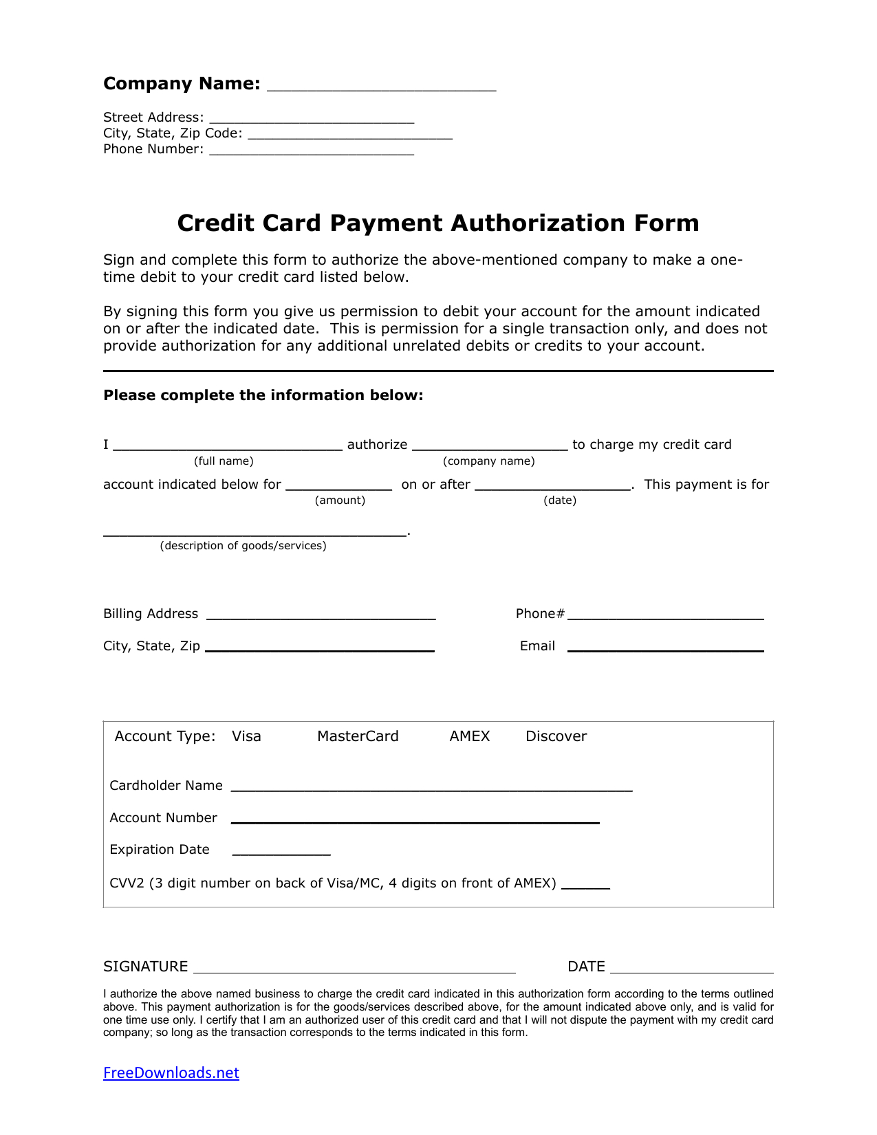 Download One (1) Time Credit Card Authorization Payment Form With Authorization To Charge Credit Card Template