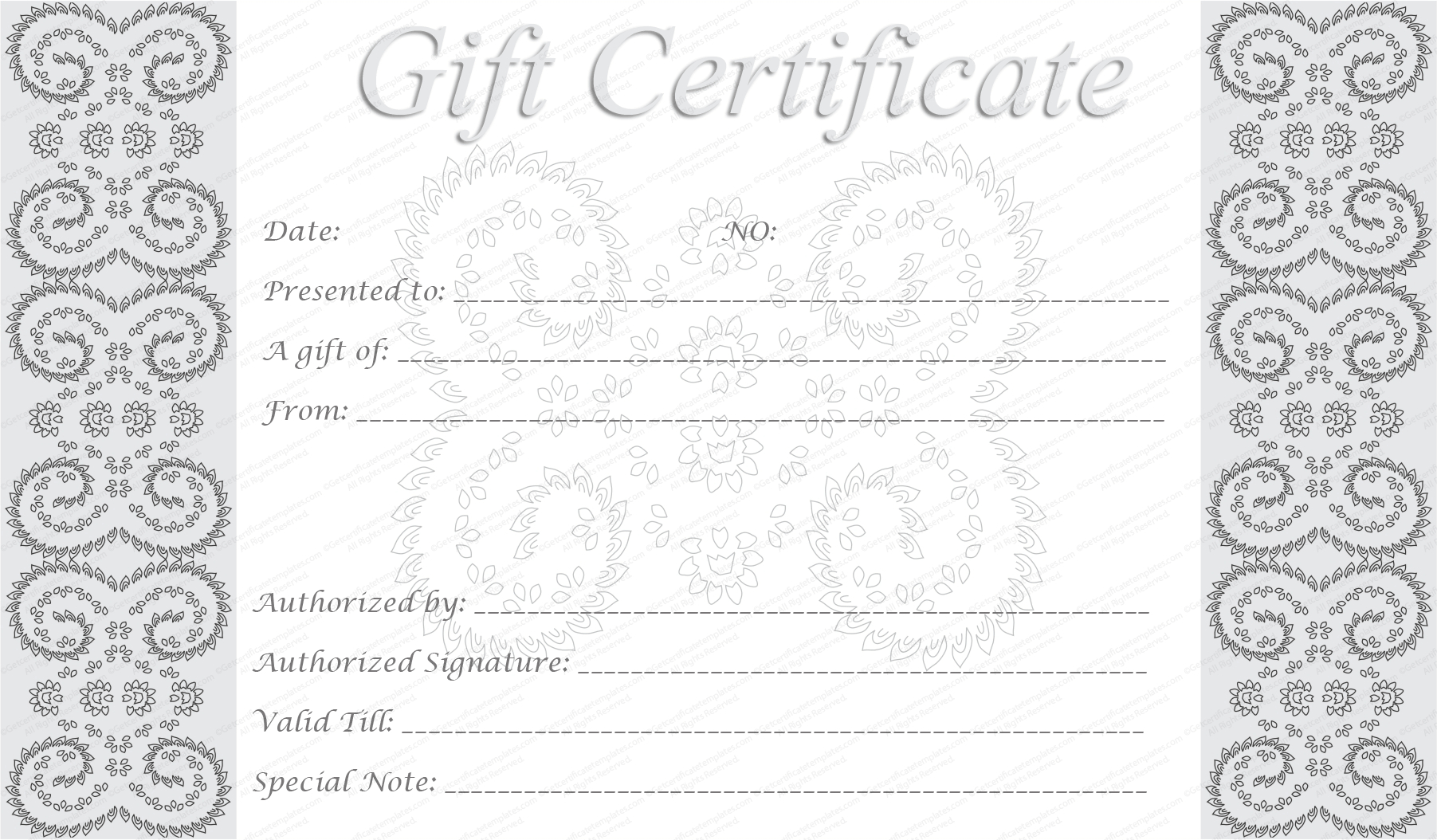 Editable And Printable Silver Swirls Gift Certificate Template Throughout Massage Gift Certificate Template Free Printable