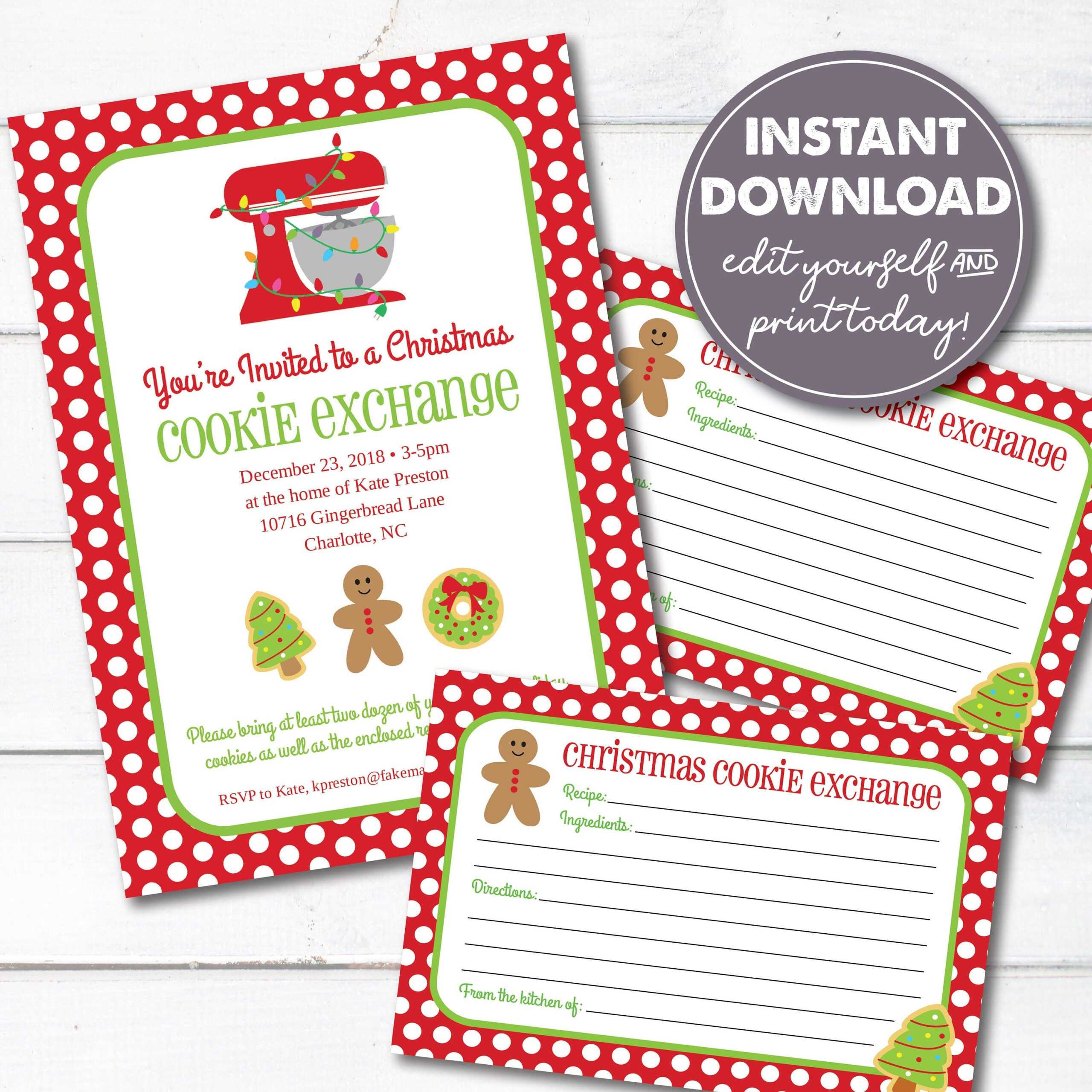 Editable Cookie Exchange Christmas Party Invitation And Recipe Cards,  Instant Download, Holiday Cookie Party Invitation Within Cookie Exchange Recipe Card Template