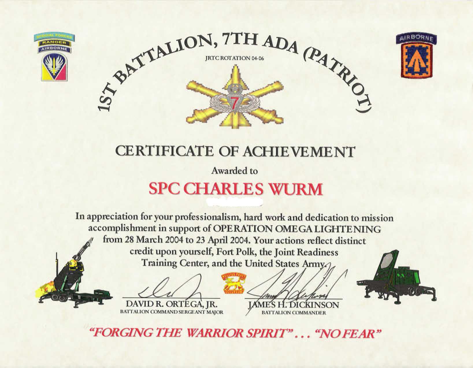 Education / Awards In Army Certificate Of Achievement Template