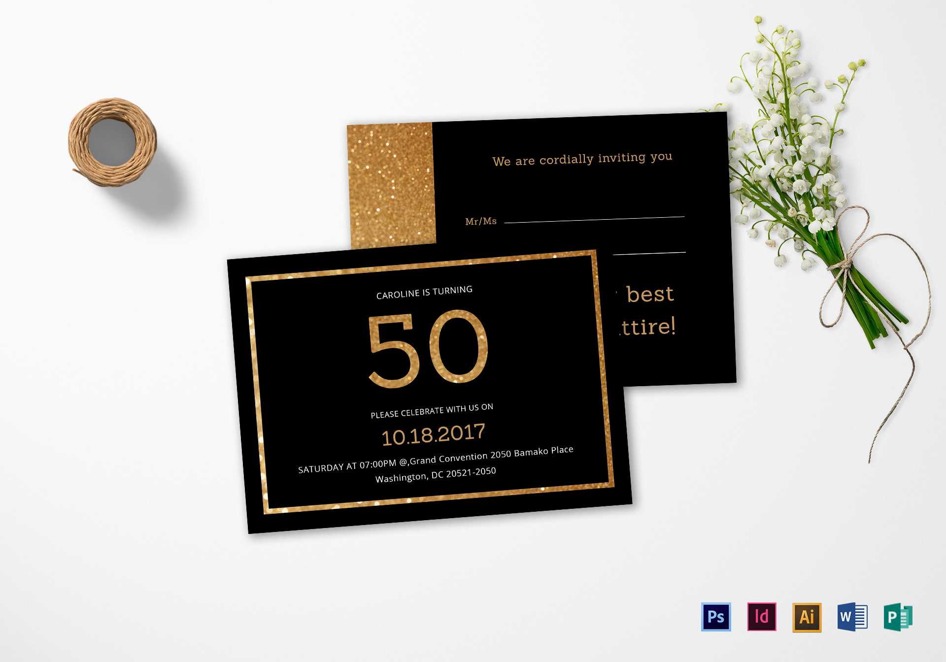 Elegant Black And Gold 50Th Birthday Invitation Template With Birthday Card Indesign Template