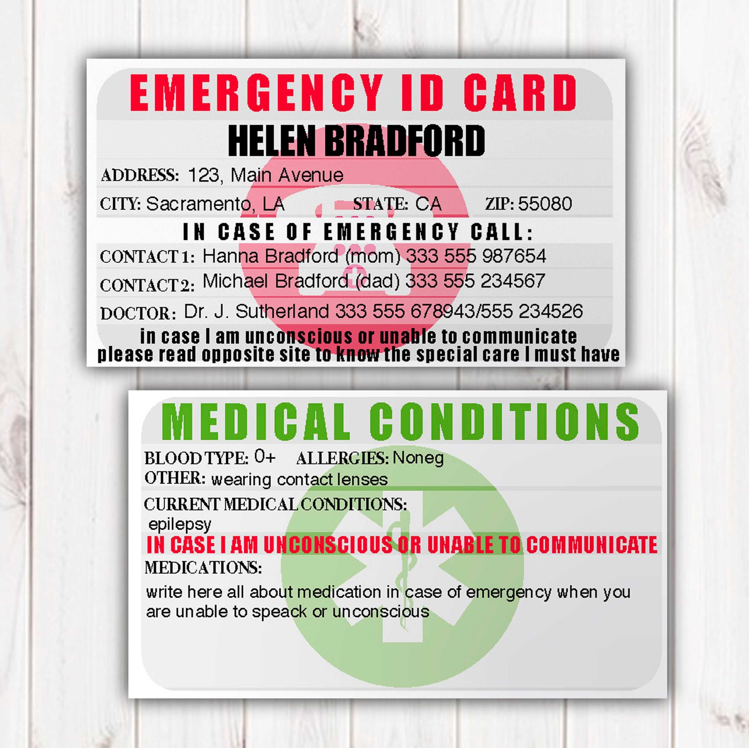 Emergency Identification Card Template, Medical Condition With Regard To Medication Card Template