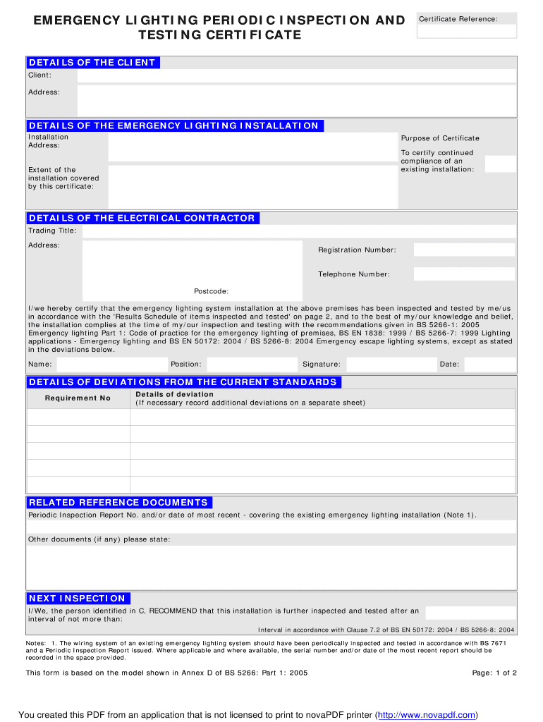 Emergency Lighting Certificate – Fill Online, Printable Inside Electrical Installation Test Certificate Template