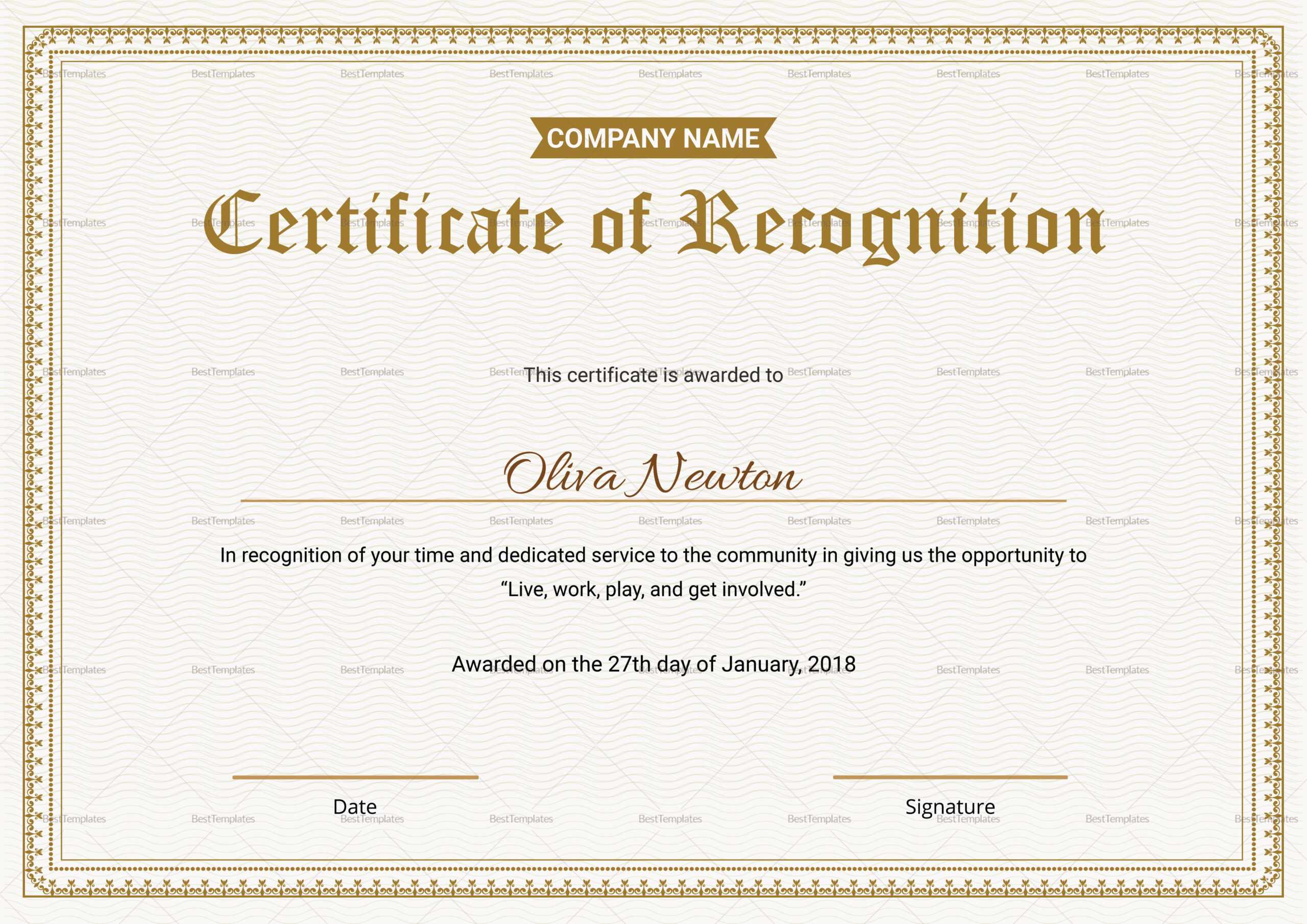 Employee Recognition Certificate Template In Template For Recognition Certificate