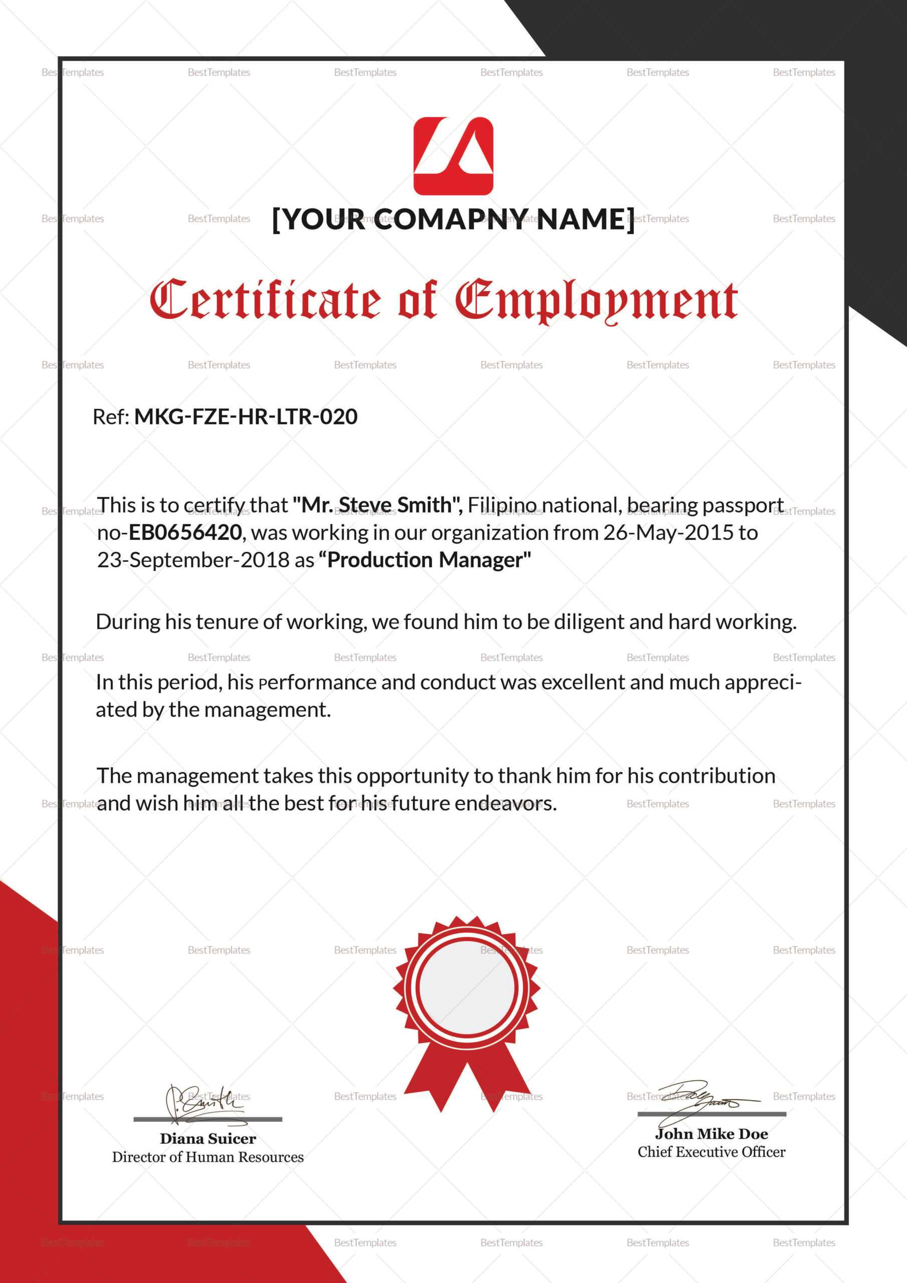 Employment Appreciation Certificate Template Within Certificate Of Employment Template