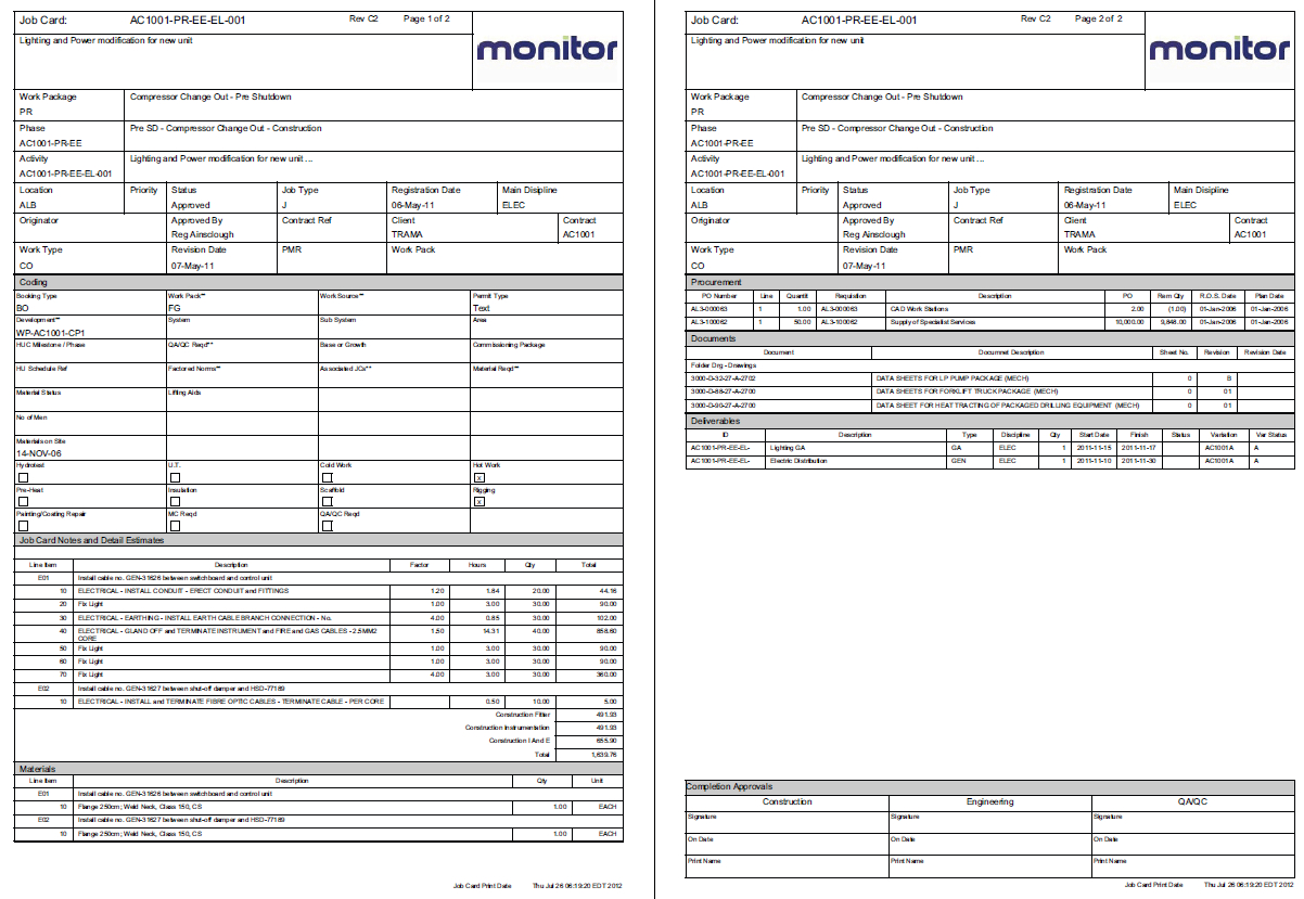 Engineering Job Cards / Work Packs With Mpower From Monitor Pertaining To Mechanics Job Card Template