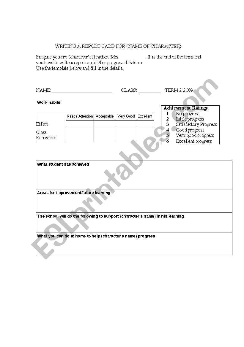 English Worksheets: Writng A Report Card For A Character Intended For Character Report Card Template