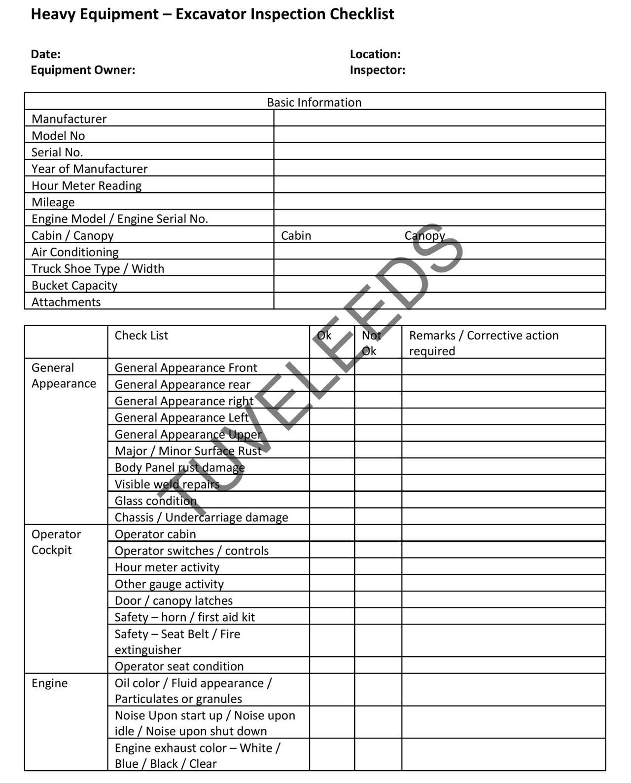 Excavator Inspection Checklist – Tove Leeds In Certificate Of Inspection Template