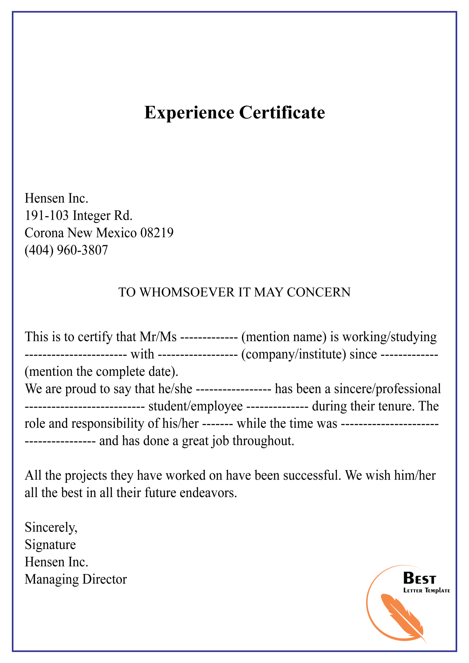 Experience Certificate 01 | Best Letter Template Regarding Certificate Of Experience Template