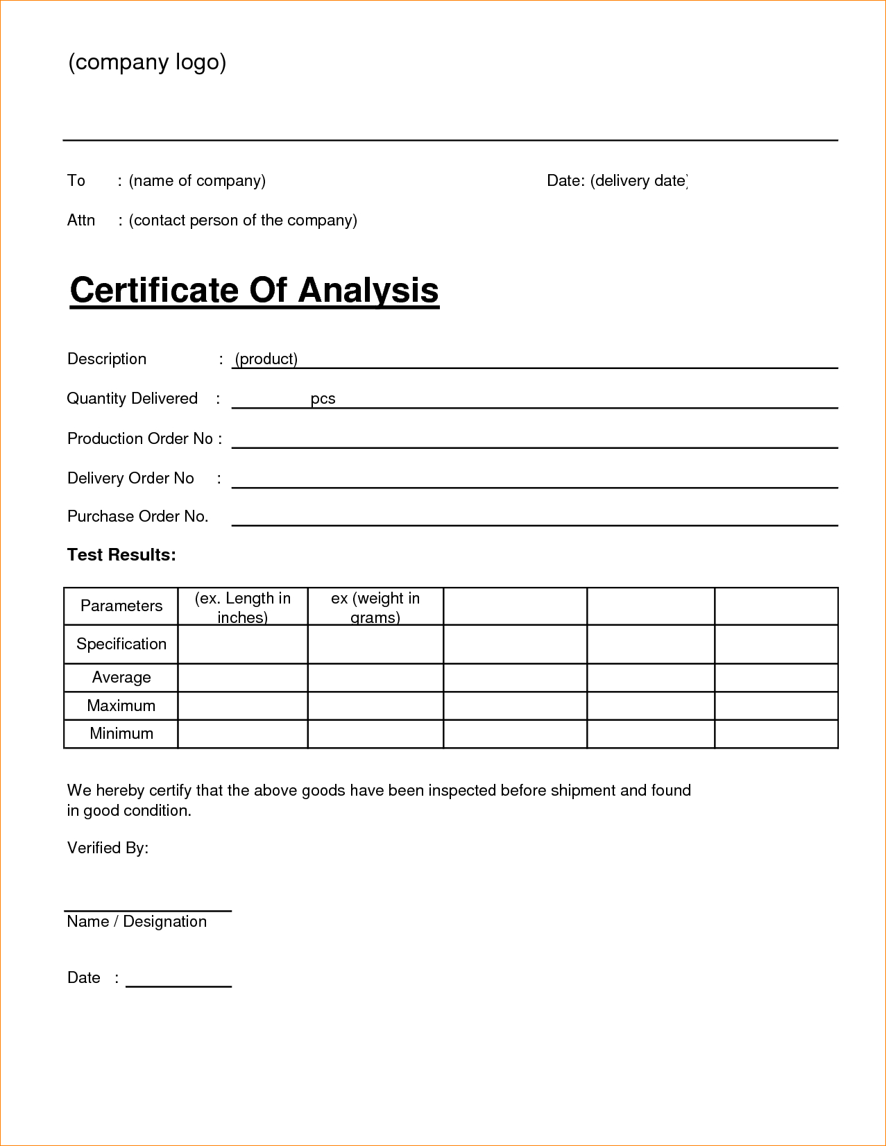 🥰4+ Free Sample Certificate Of Analysis (Coa) Templates🥰 Intended For Certificate Of Analysis Template