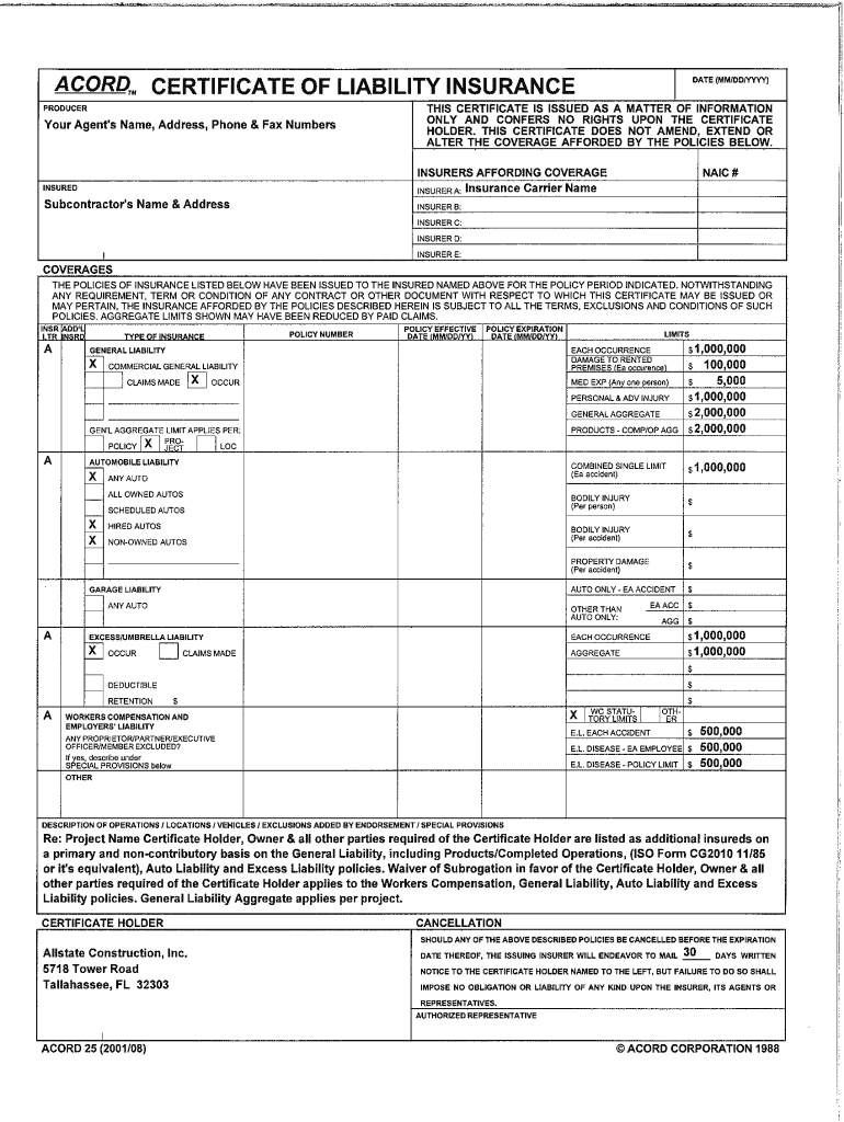 Fillable Online Sample Insurance Certificate – Pdf Within Certificate Of Liability Insurance Template