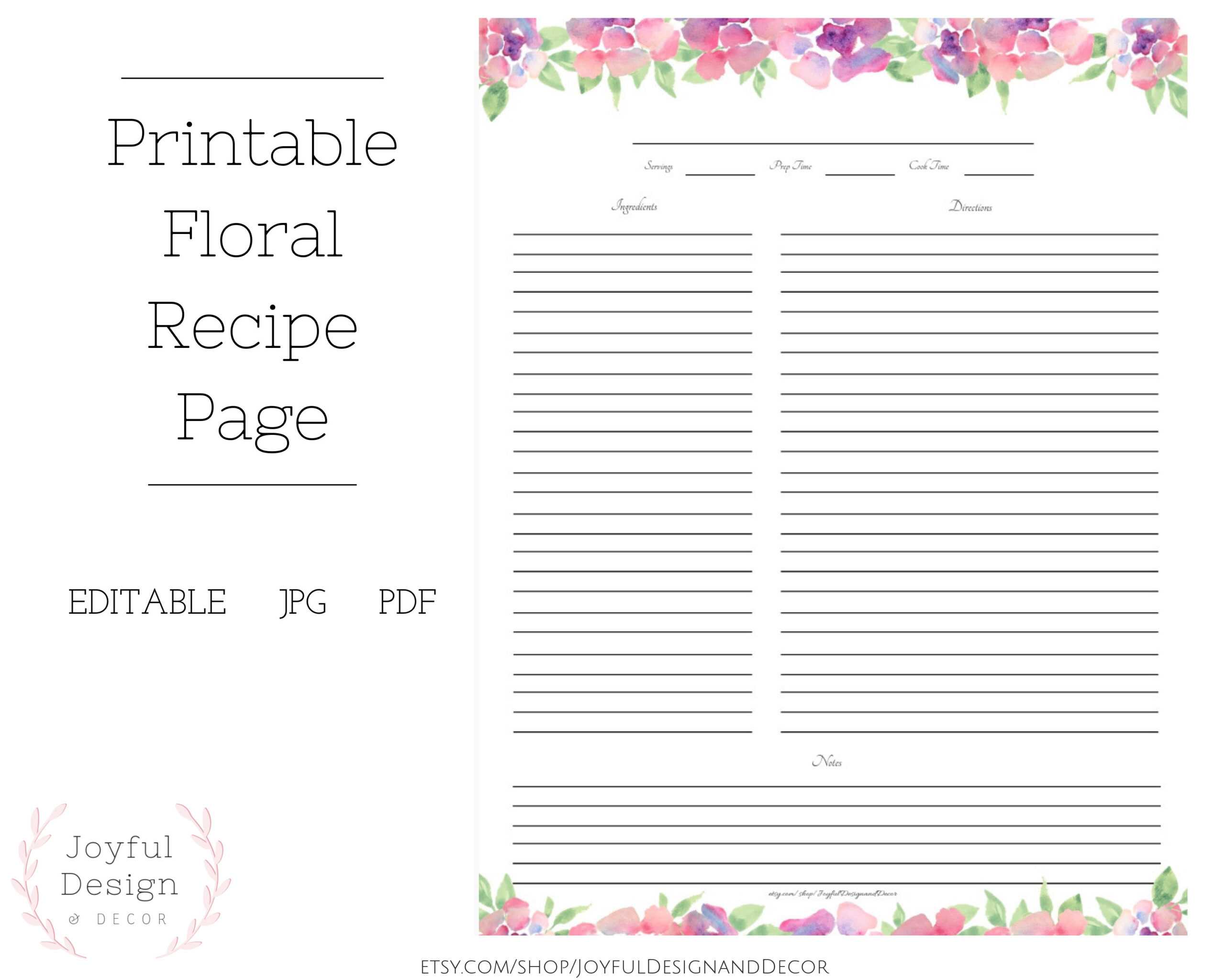 Fillable Recipe Page Floral Recipe Page Blank Recipe Template Recipe  Organization Recipe Storage Ideas Full Page Recipe Card Recipe Cards Regarding Fillable Recipe Card Template