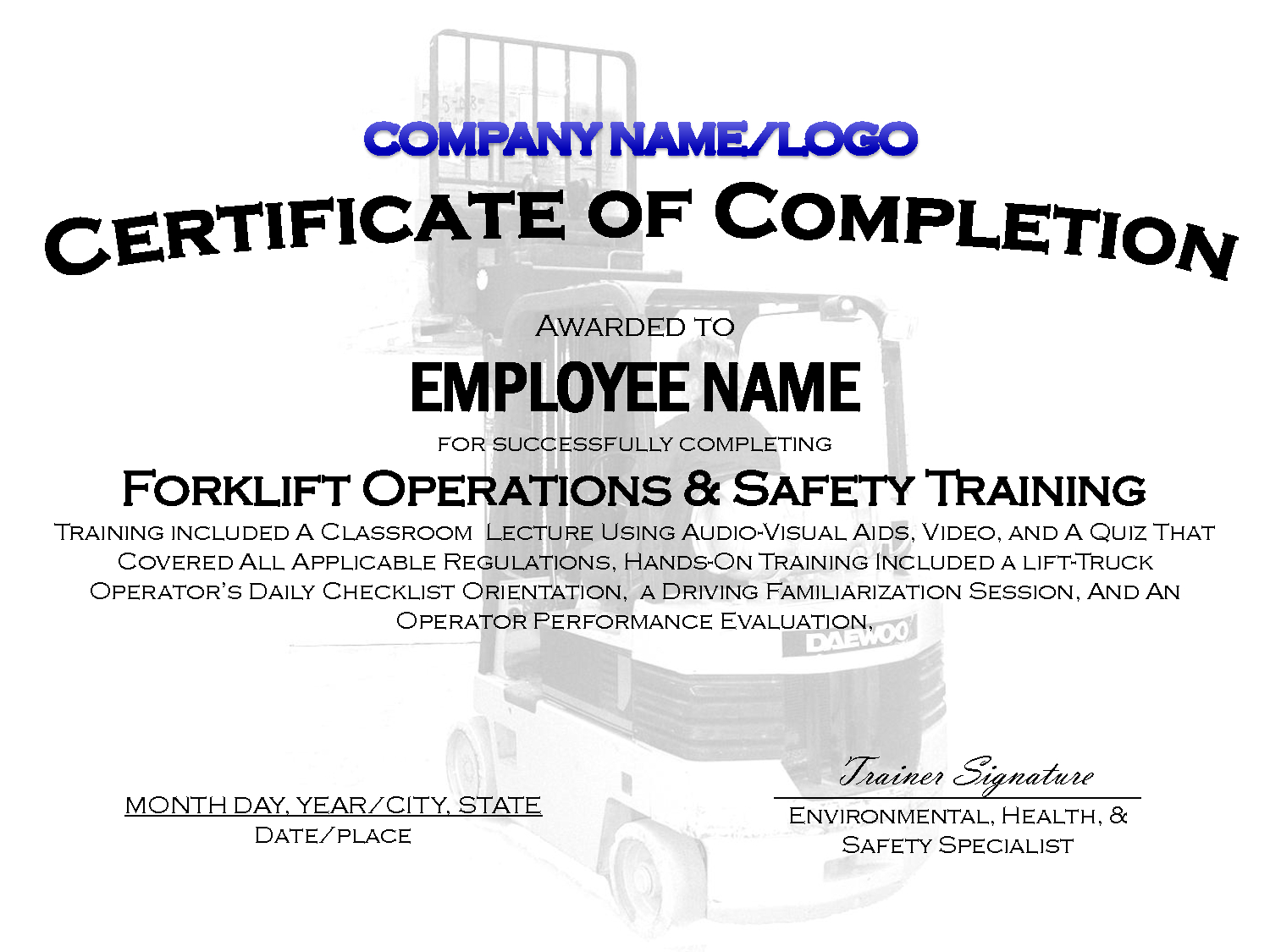 Forklift Certificate Template – Milas.westernscandinavia Regarding Safe Driving Certificate Template