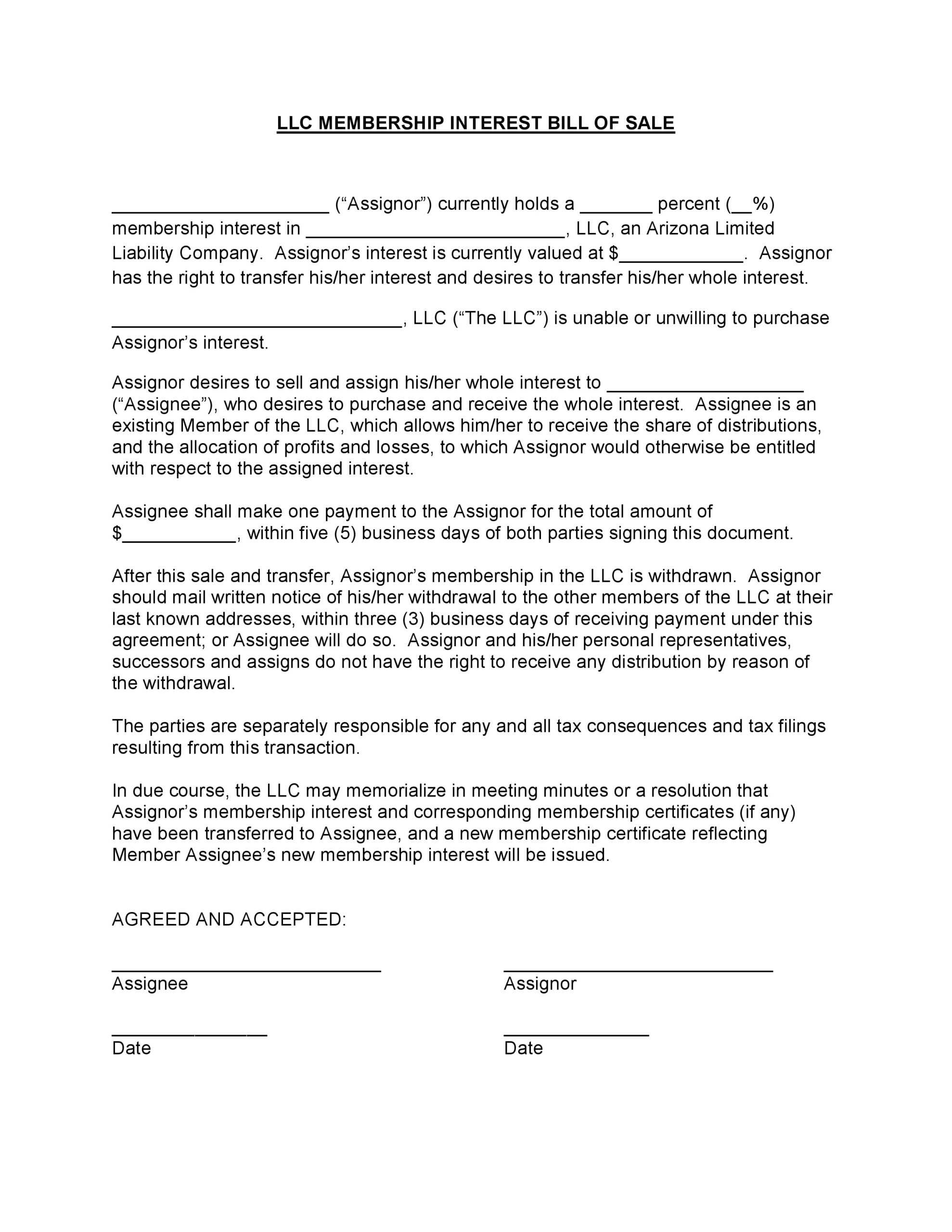 Free Arizona Llc Membership Interest Bill Of Sale Form | Pdf With Regard To Llc Membership Certificate Template Word