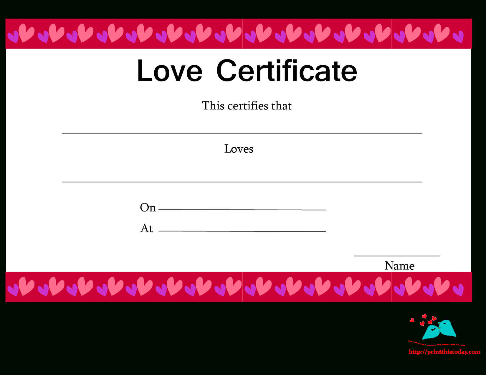 Free Printable Love Certificates Intended For Love Certificate Templates