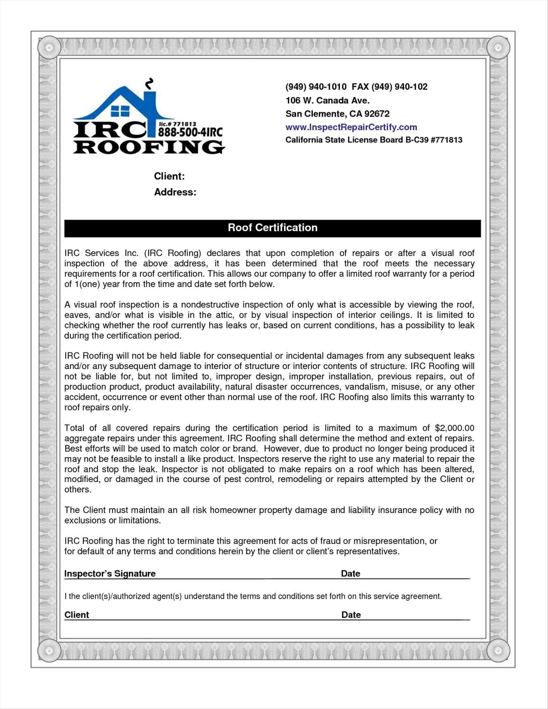 Free Roof Certification Template Form Download Monster Inside Roof Certification Template