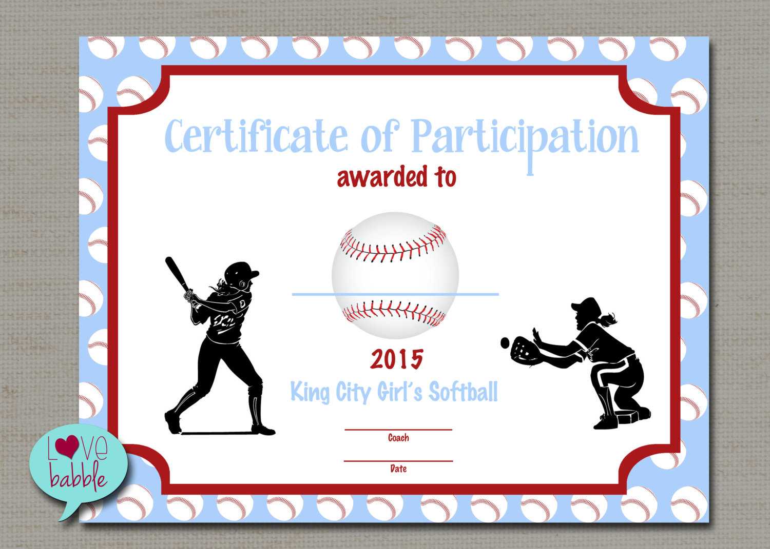 Girls Softball Baseball T Ball Award Certificate Printable Digital File  8.5" X 11" Within Softball Certificate Templates Free