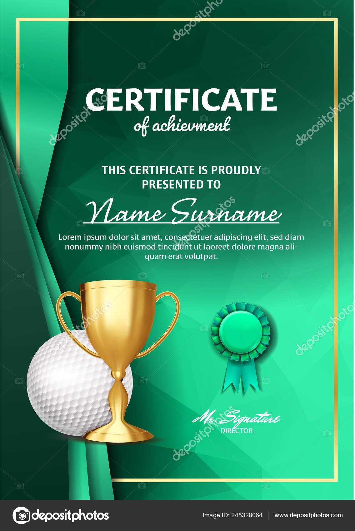 Golf Certificate Diploma With Golden Cup Vector. Sport Award Regarding Golf Certificate Template Free