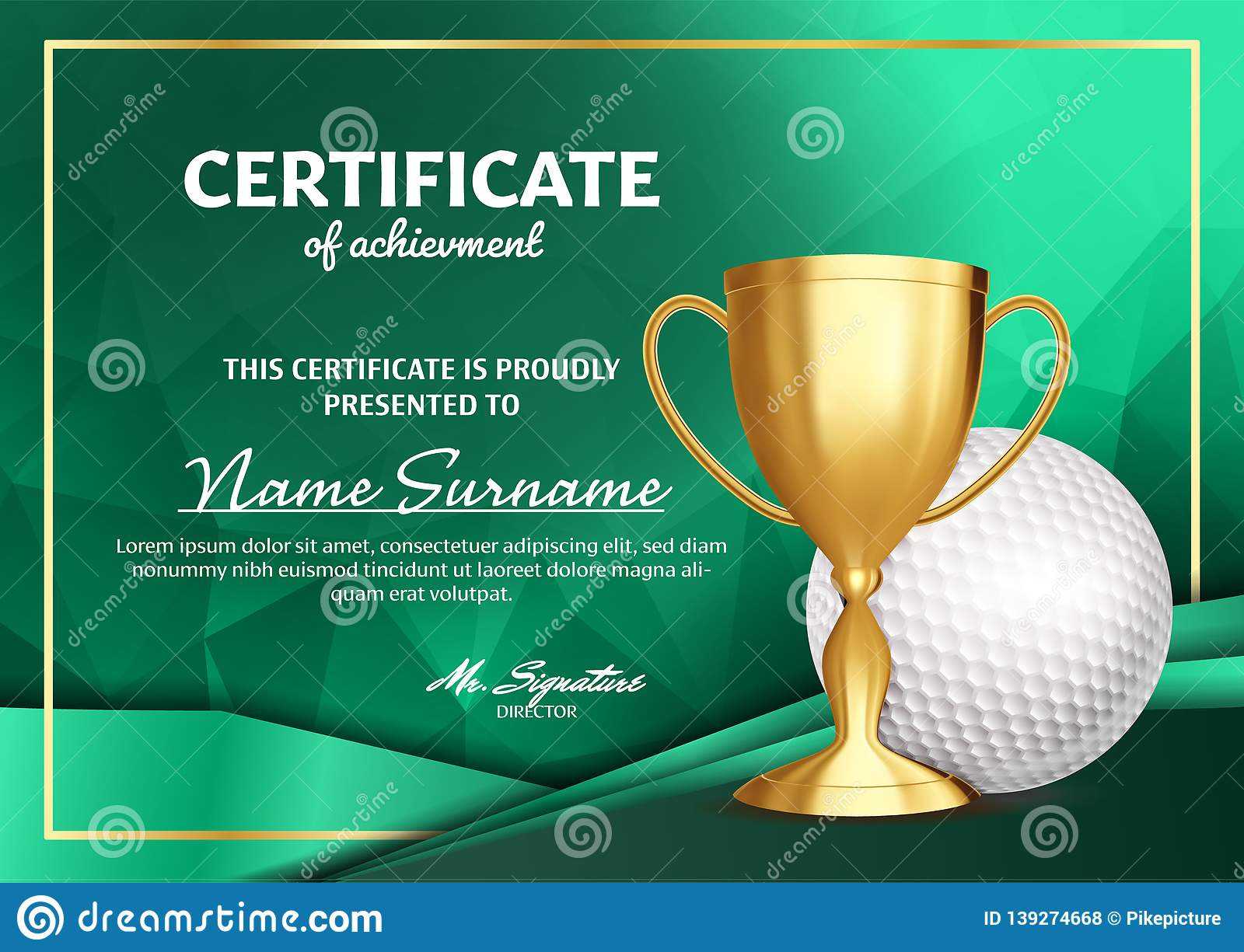 Golf Certificate Diploma With Golden Cup Vector. Sport Award With Golf Gift Certificate Template