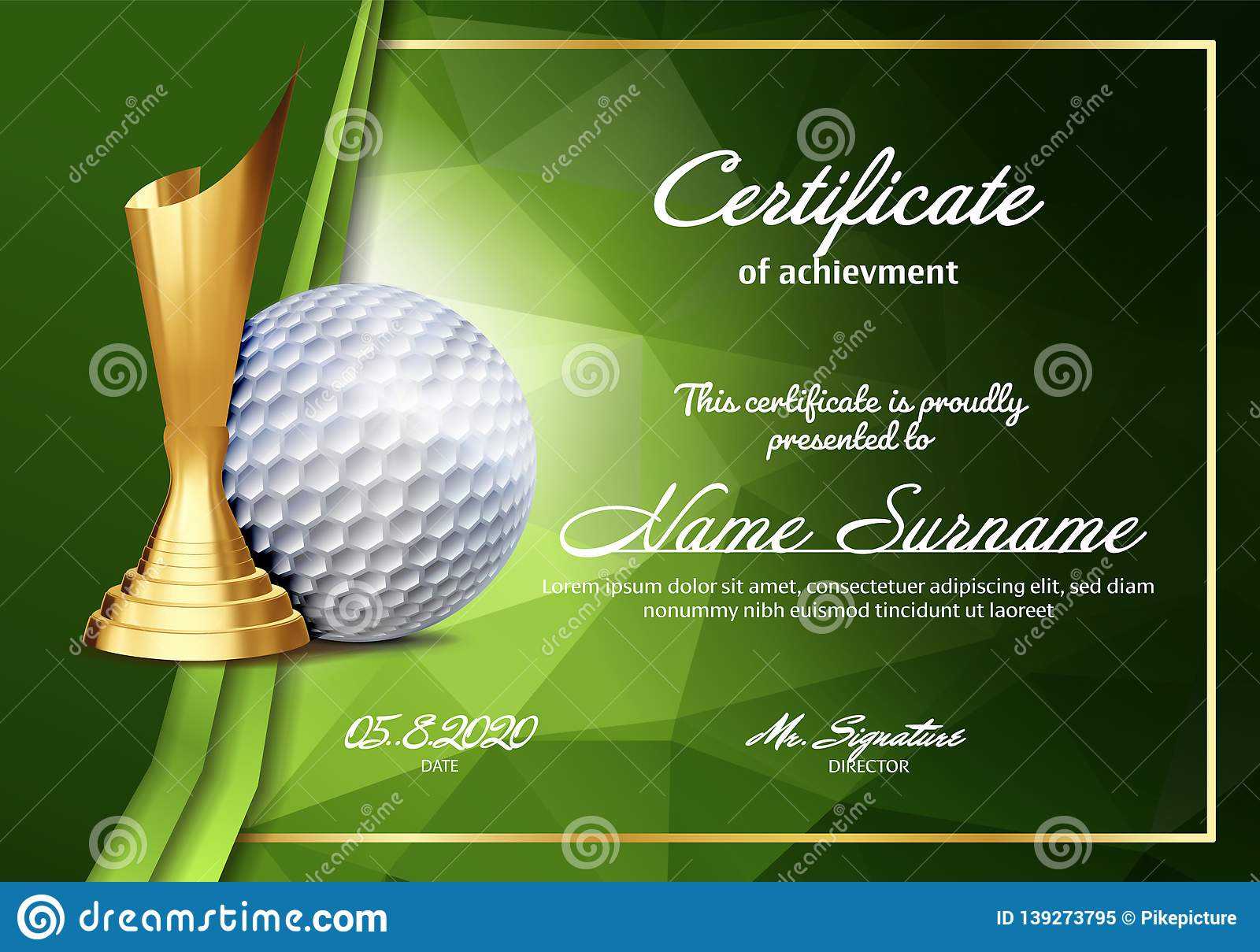 Golf Certificate Diploma With Golden Cup Vector. Sport Intended For Golf Gift Certificate Template