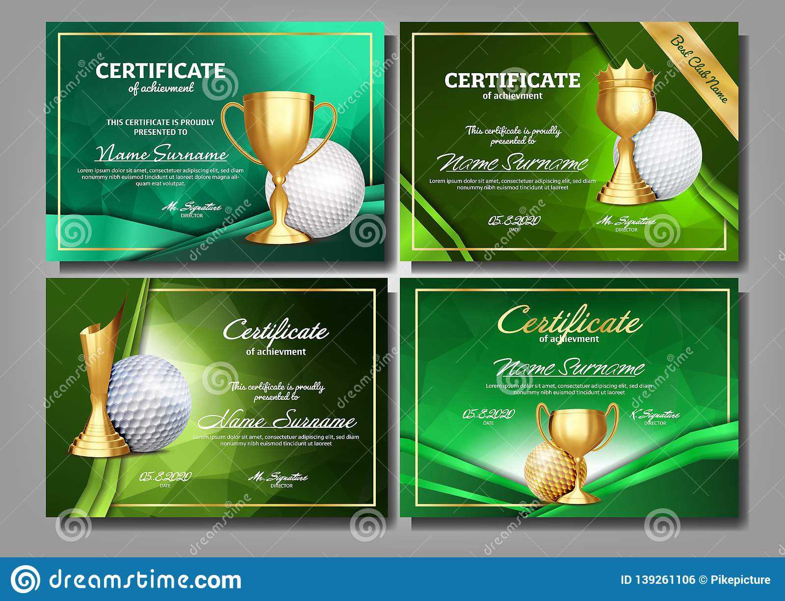 Golf Game Certificate Diploma With Golden Cup Set Vector Within Golf Certificate Template Free