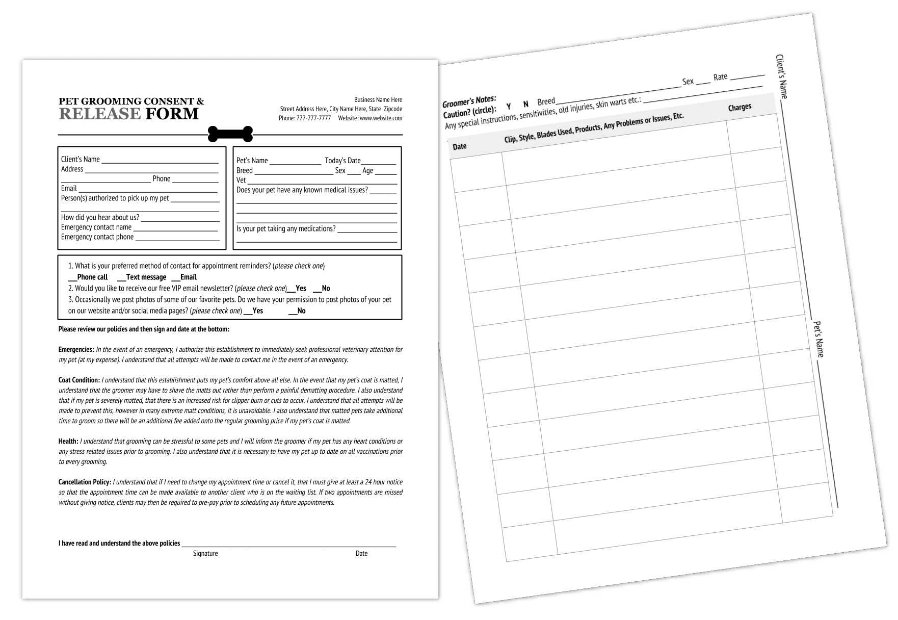 Grooming Release Form Template & Printable Pdf For Dog Grooming Record Card Template