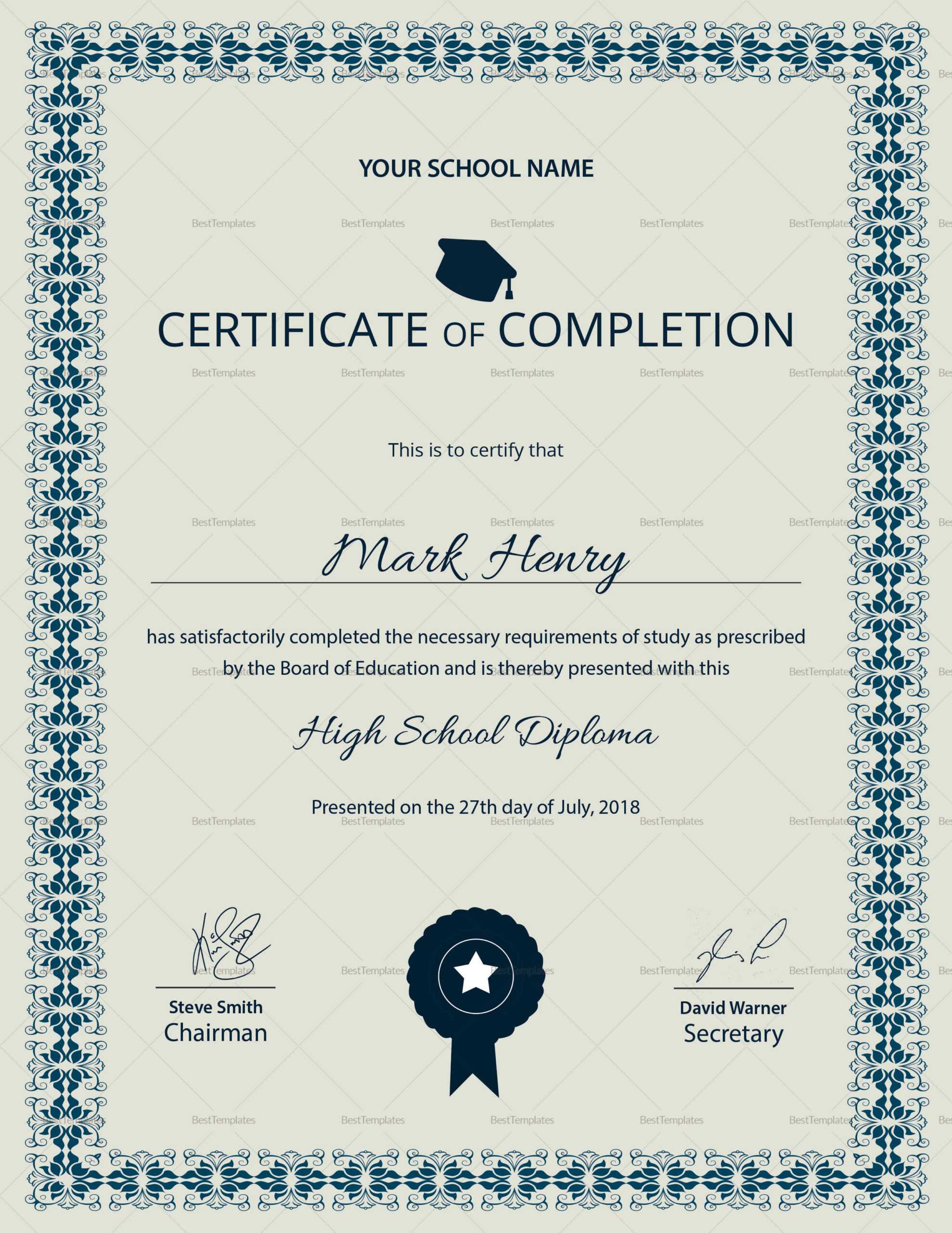 High School Diploma Completion Certificate Template Regarding Certificate Templates For School