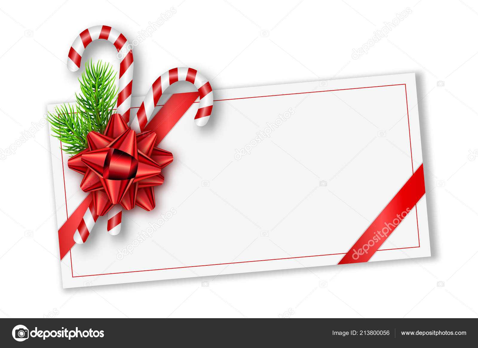 Holiday Christmas Gift Card With Red Bow, Fir Tree Branches In Present Card Template