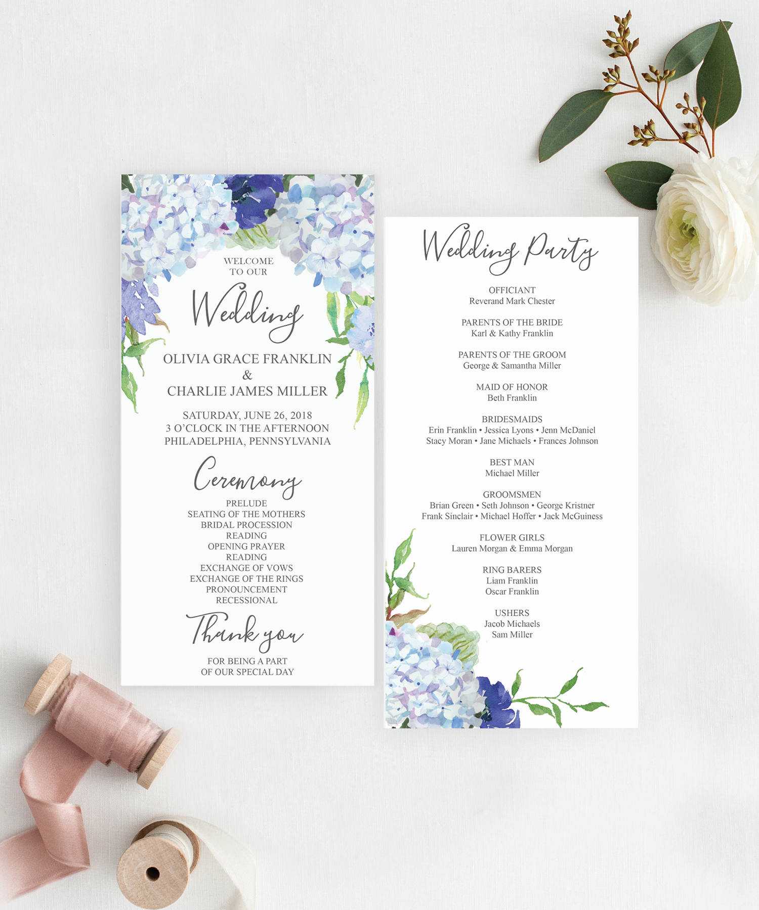 Hydrangea Wedding Programs Template – Printable Wedding Program – Ceremony  Template – Editable Program – Instant Download – Blue Hydrangea Inside Michaels Place Card Template