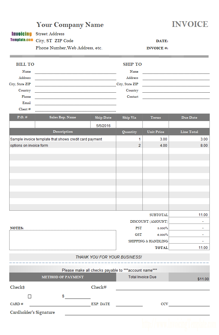 Invoice Template With Credit Card Payment Option In Credit Card Payment Slip Template
