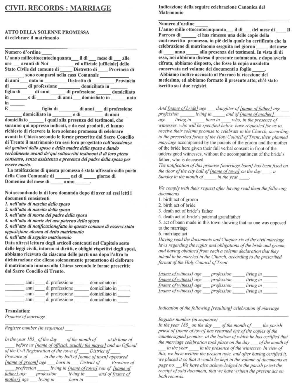 Italian Marriage Document Translations Genealogy For Marriage Certificate Translation Template