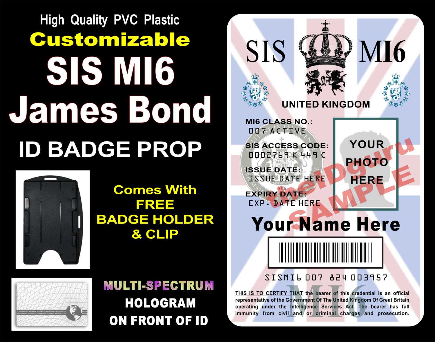 James Bond (Sis Mi6) Id Badge / Card Prop ~ Custom Printed With Your Info &  Photo ~ Pvc Plastic Holographic Card – Usa Made Intended For Mi6 Id Card Template