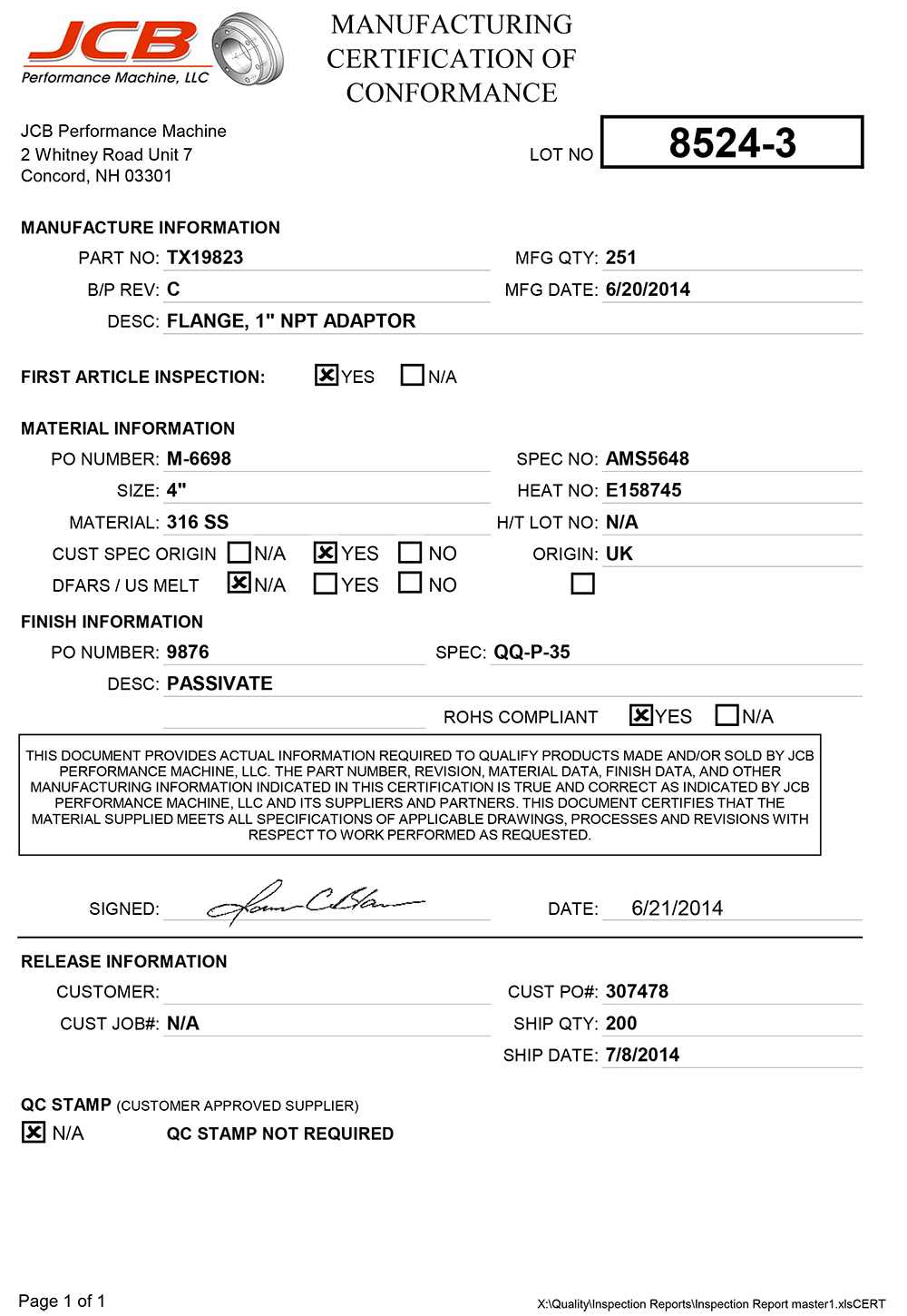 Jcb Performance Machine Inside Certificate Of Conformance Template