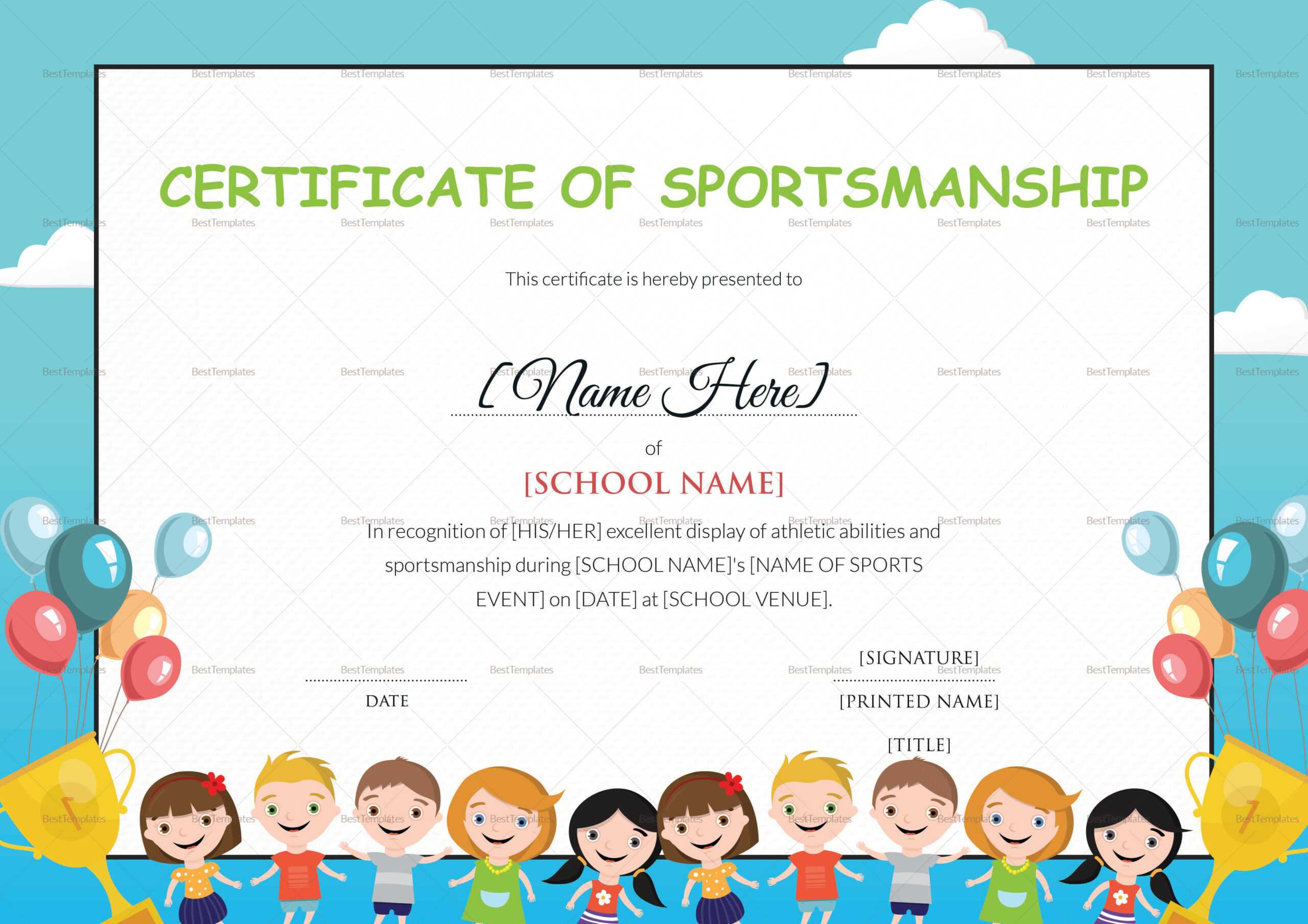 Kids Sportsmanship Certificate Template Regarding Children's Certificate Template