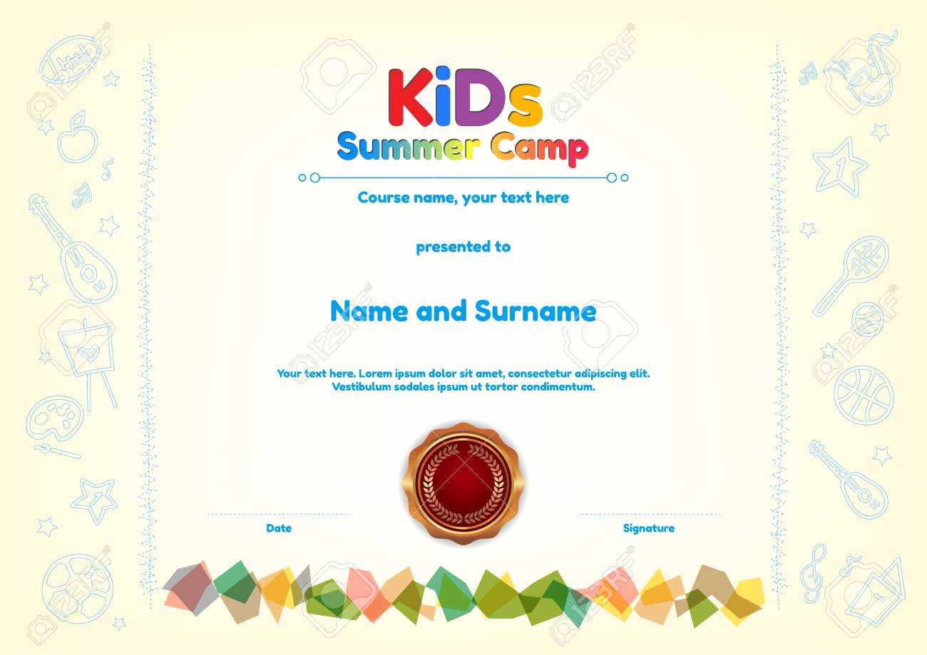 Kids Summer Camp Diploma Or Certificate Template Award Seal With.. Within Fun Certificate Templates