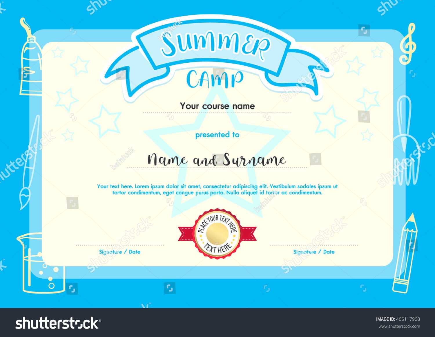 Kids Summer Camp Document Certificate Template Stock Vector Regarding Summer Camp Certificate Template