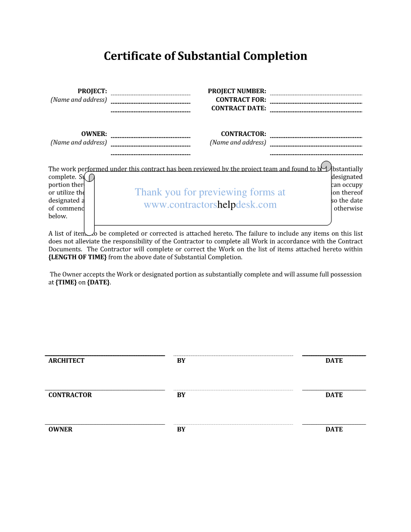 Letter Of Substantial Completion – Free Printable Documents For Certificate Of Substantial Completion Template