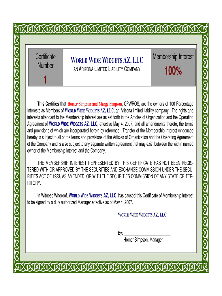 Llc Membership Certificate Word – Fill Online, Printable In Llc Membership Certificate Template