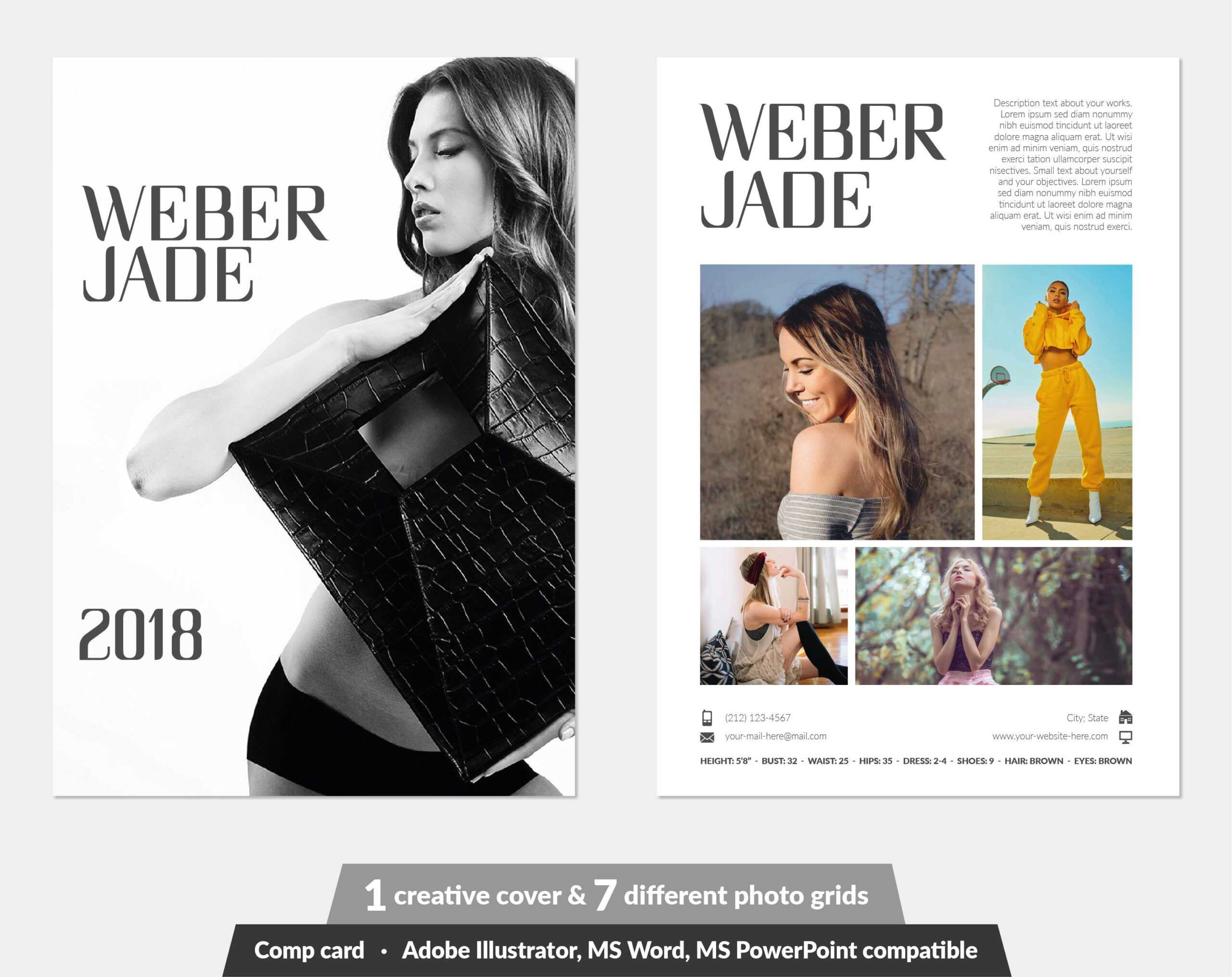 Modeling Comp Card | Fashion Model Comp Card Template (7 Different Grid  Layout) | Word, Powerpoint, Illustrator | Instant Download Intended For Comp Card Template Download