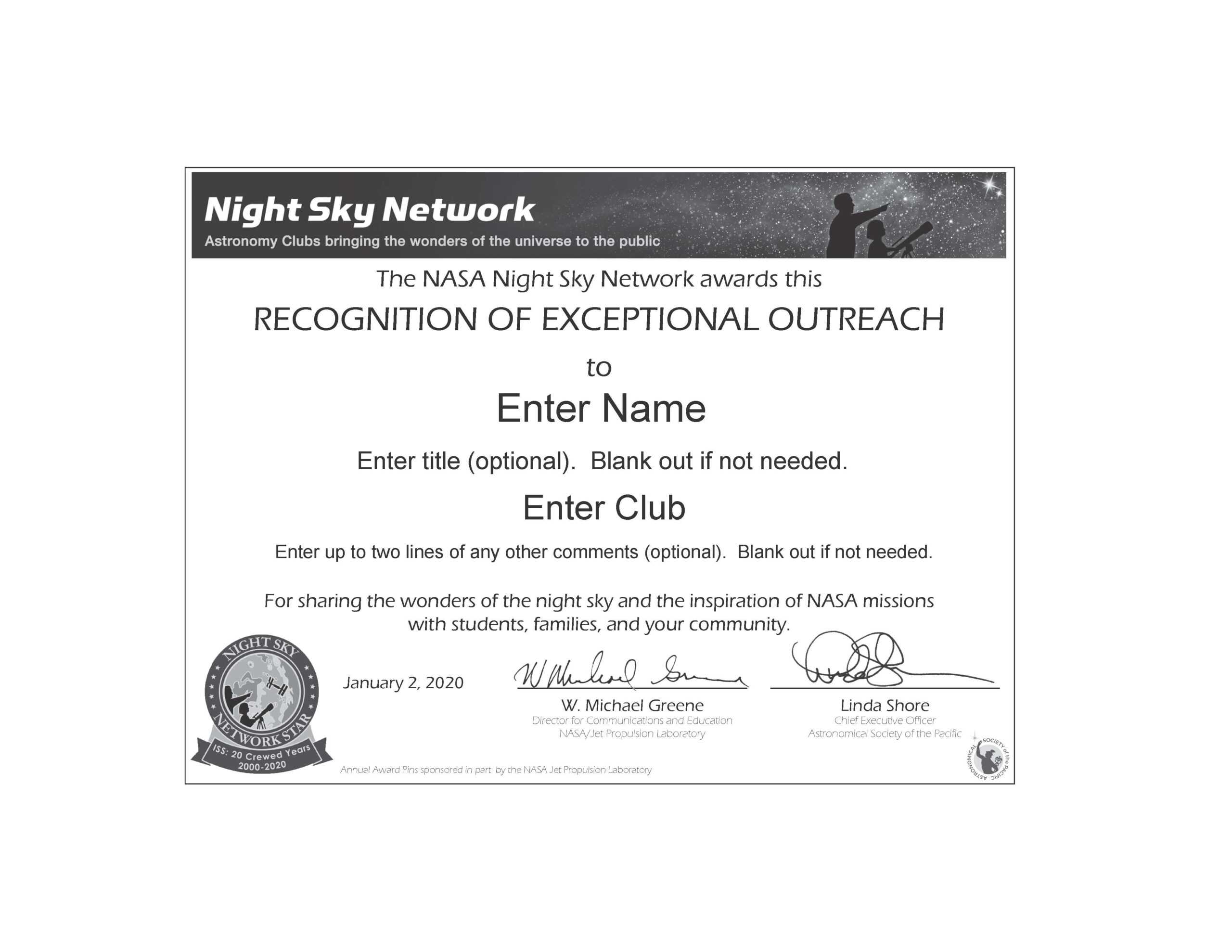 Nsn Astronomy Outreach Award Certificate: Honor Service Intended For Borderless Certificate Templates