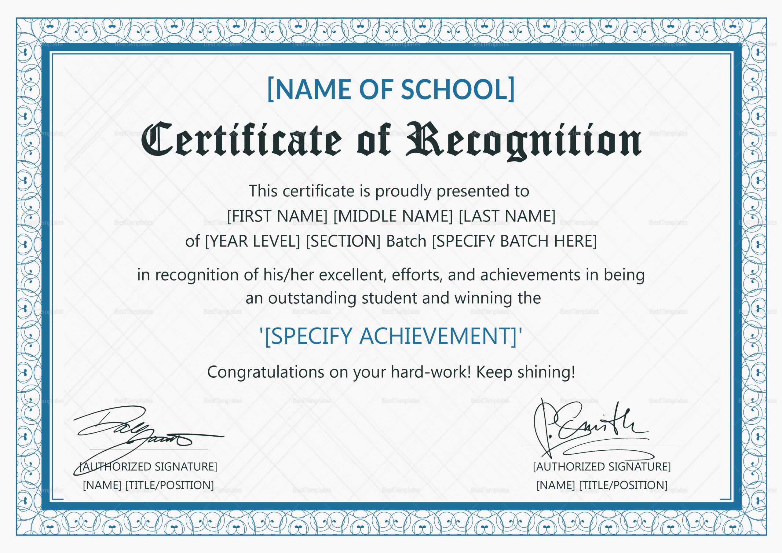 Outstanding Student Recognition Certificate Template For Certificate Of Recognition Word Template