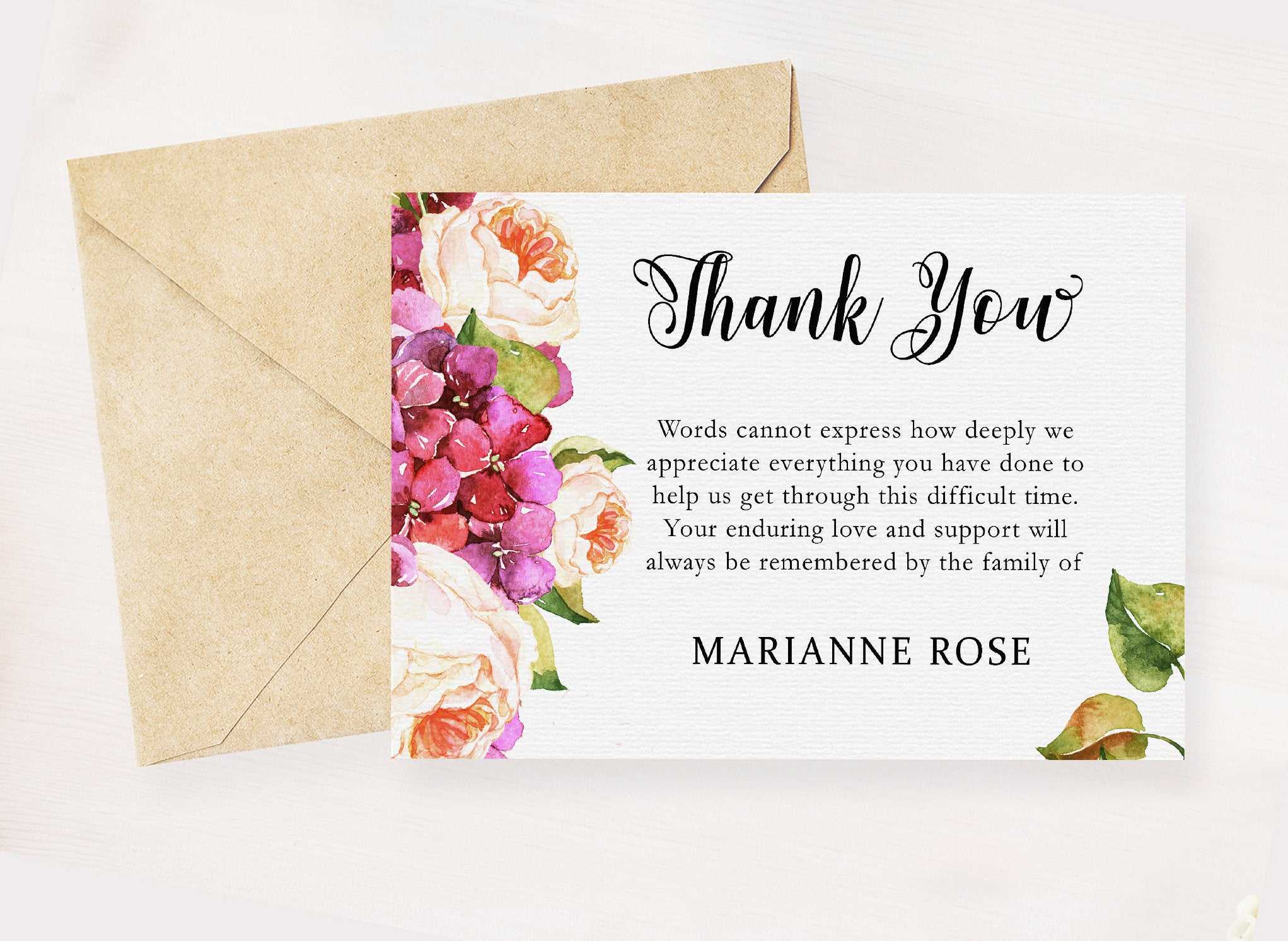 Pink Floral Funeral Thank You Card Memorial Service Editable Template ...