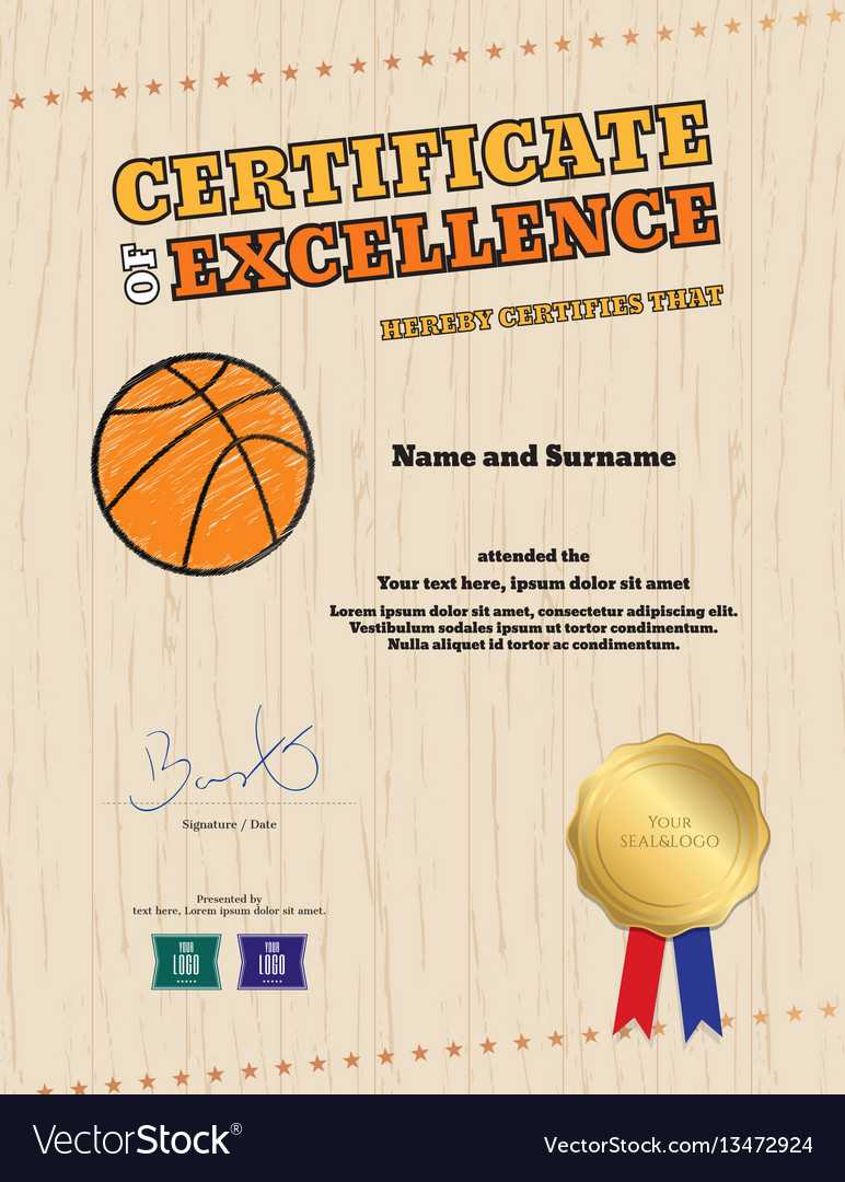 Portrait Certificate Of Excellence Template In Vector Image Regarding Basketball Camp Certificate Template