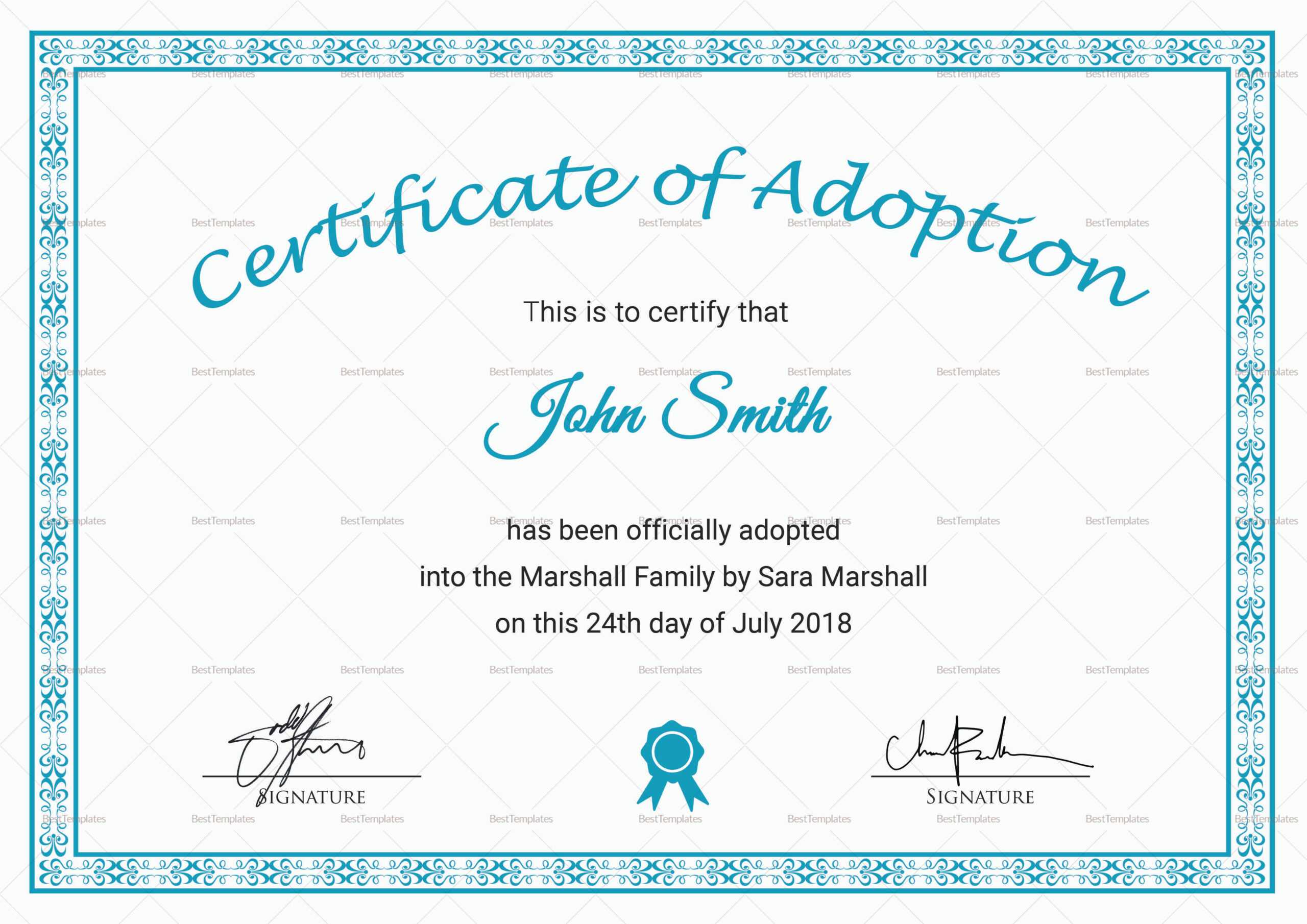 Printable Adoption Certificate Template For Adoption Certificate Template
