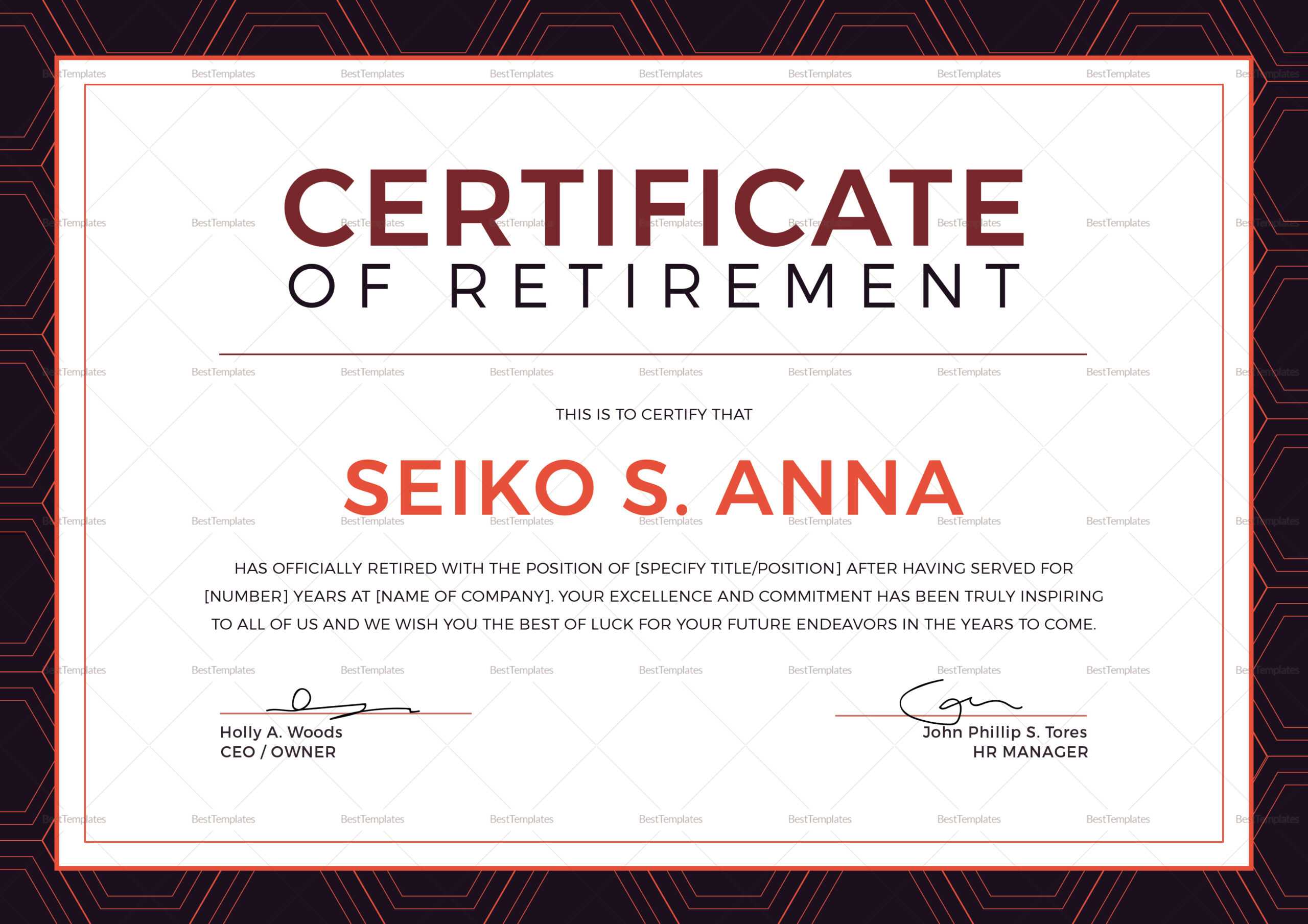 Retirement Certificate Template In Retirement Certificate Template