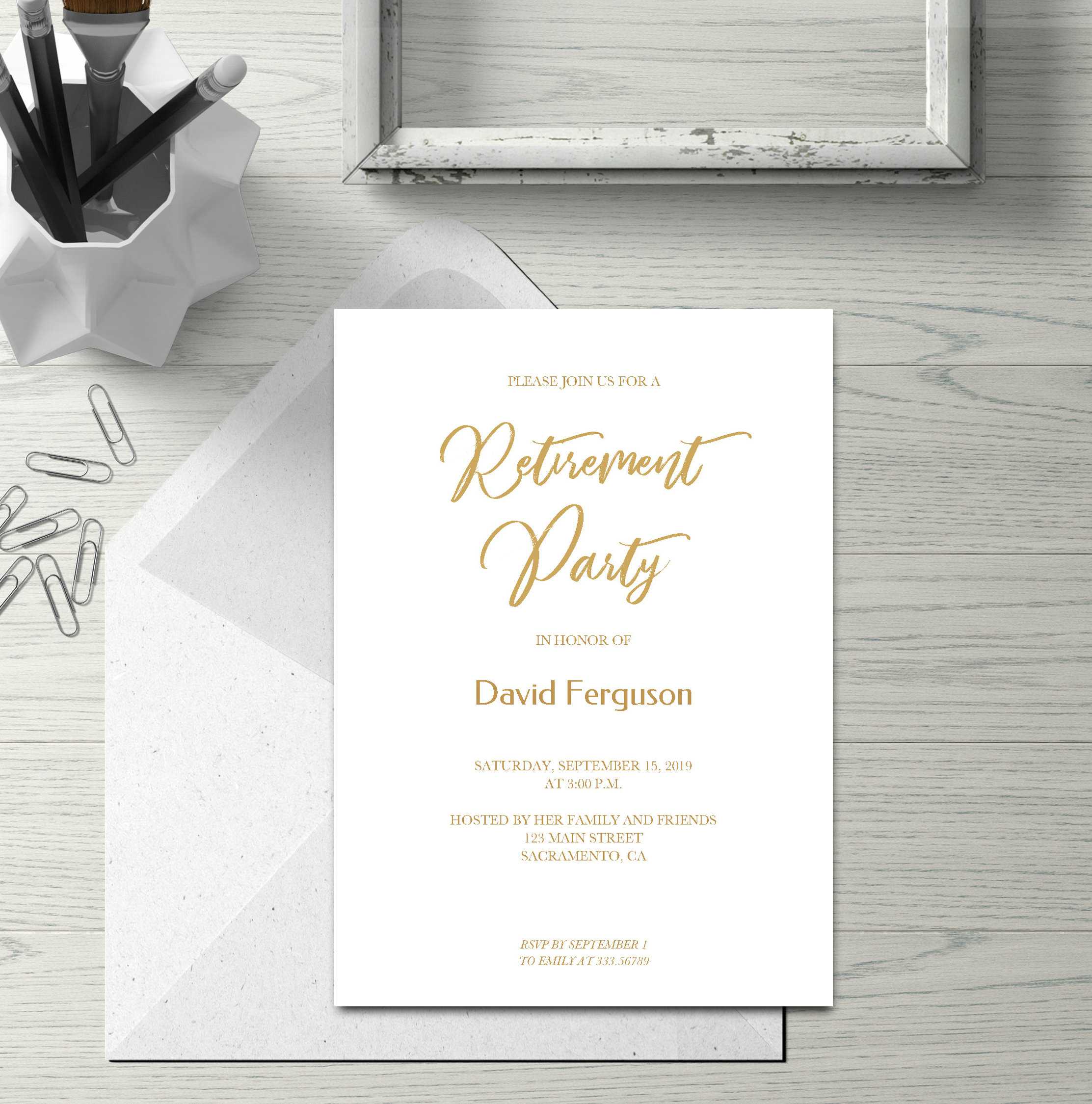 Retirement Party Invitation Card In Gold, Simple Calligraphy Throughout Retirement Card Template