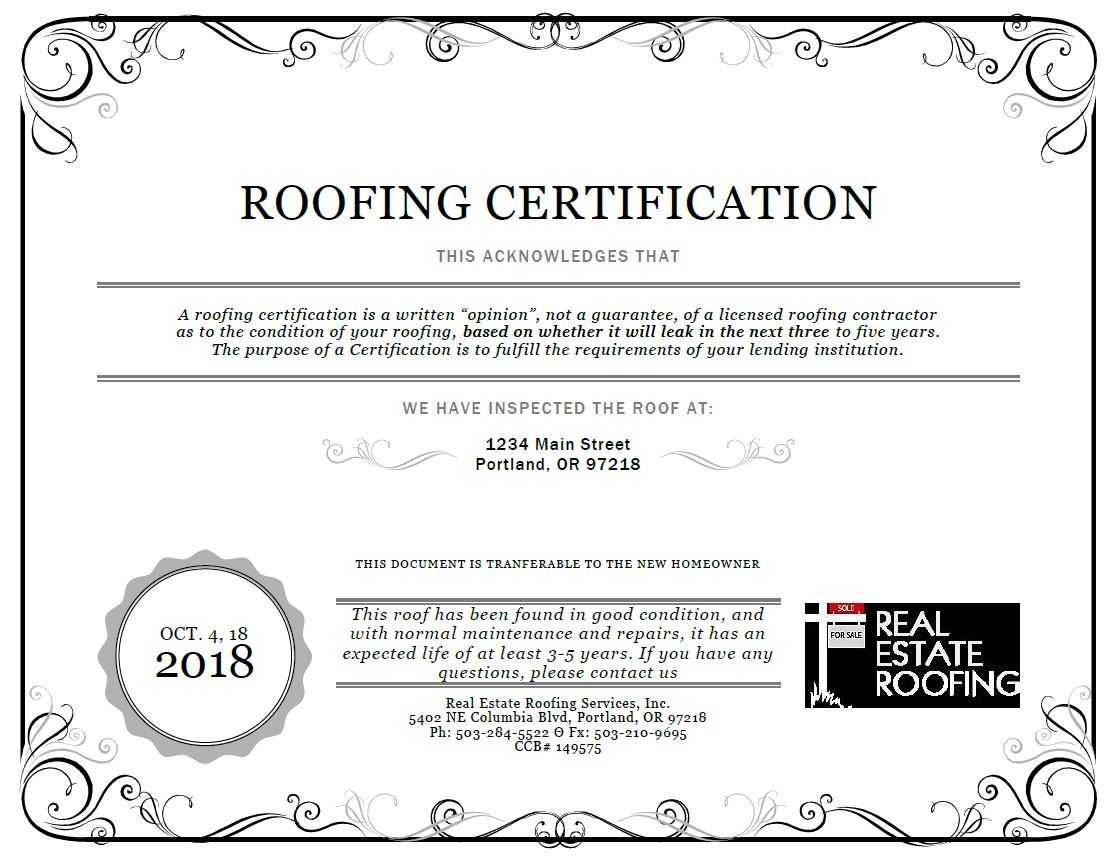 Roof Certification: Sample | Real Estate Roofing For Roof Certification Template