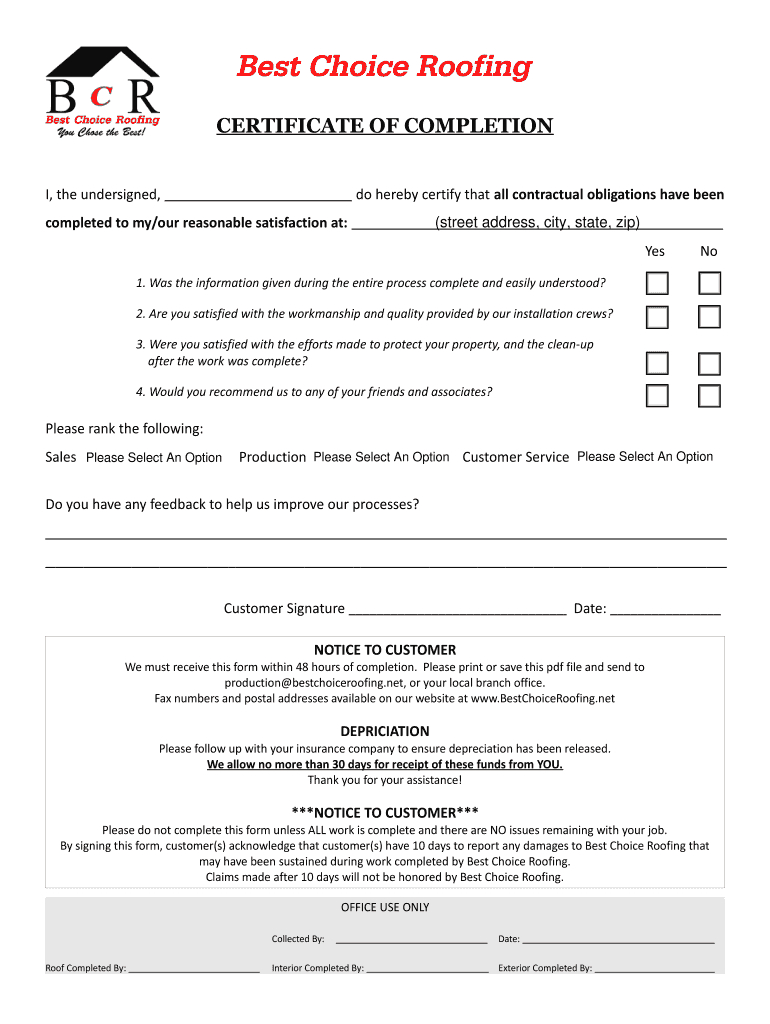 Roof Completion Form – Fill Online, Printable, Fillable Pertaining To Roof Certification Template